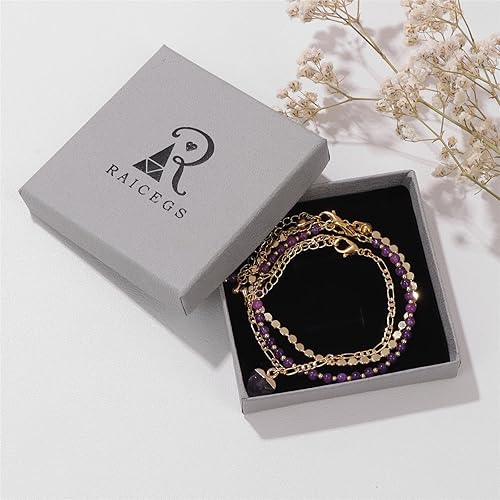 Miniatura 7 de Raicegs Juego de pulseras de cuentas de oro de 18 quilates para mujer, pulsera de cristal en capas de 0.118 pulgadas, amatista, turquesa, cuentas de