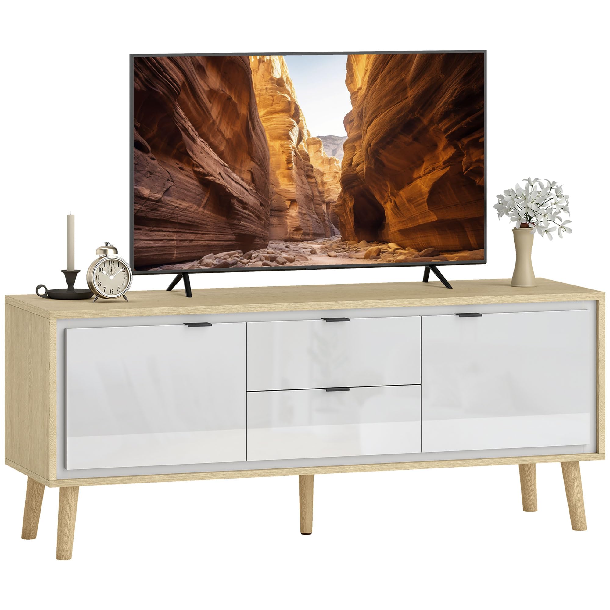 HOMCOM Mueble de TV Moderno de 2 Puertas 120x35x50 cm Blanco Brillo y Roble | Mesa TV para Salón con 2 Cajones, Orificios Pasacables, Estantes Extraíbles y Ajustables, para Televisión 55 Pulgadas