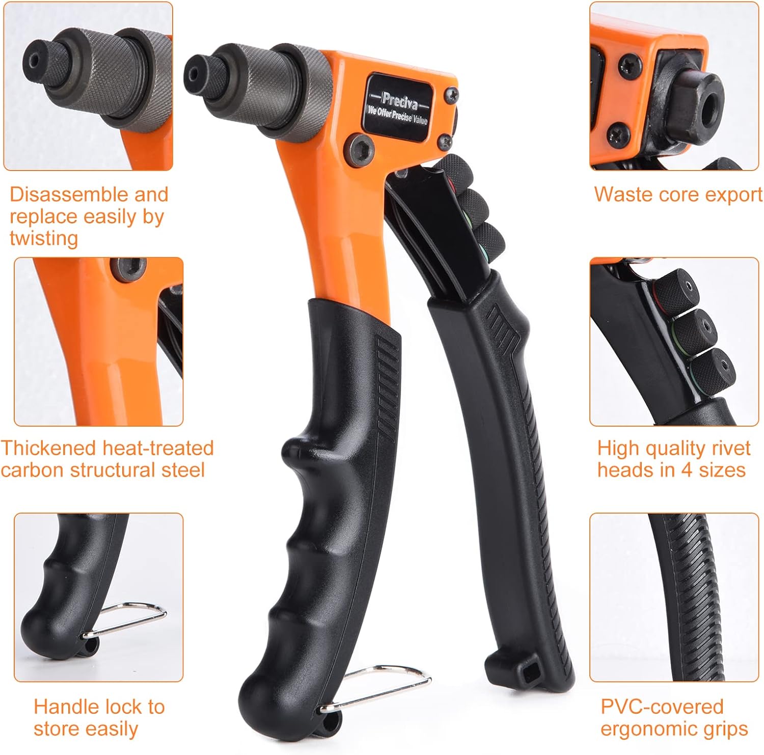 Rivet Gun Kit with 150 Pcs Rivets, Preciva Riveting Gun Tool, Hand Rivet Plier Kit, Single Hand Manual Rivet Plier & Rivet Nut Tools (4-Sizes) Heavy Duty Riveting Tool Kit