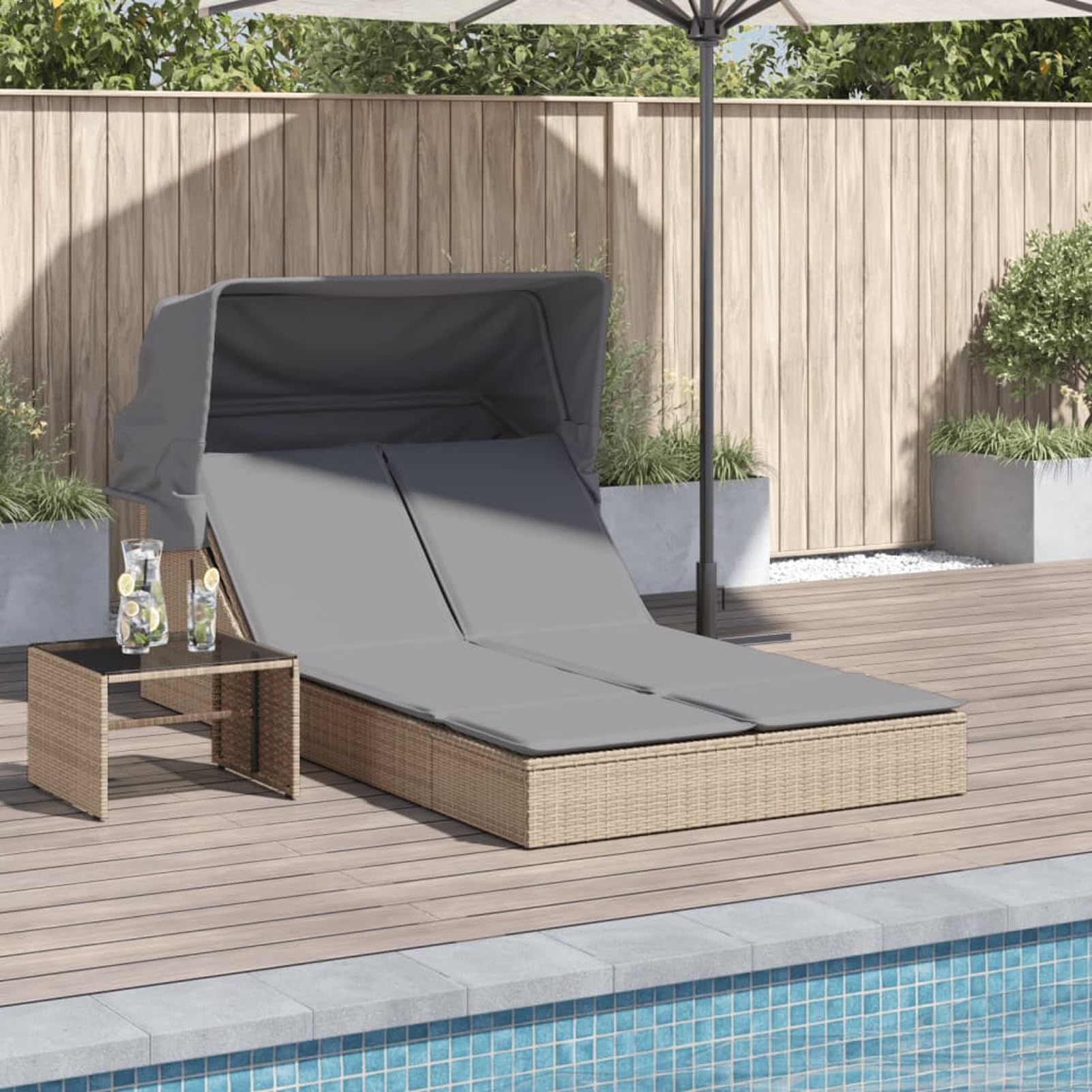 Lettino Doppio con Baldacchino e Cuscini Beige in Polyrattan,Lettino da Giardino,Lettino da Spiaggia,Lettino Prendisole da Giardino-368640