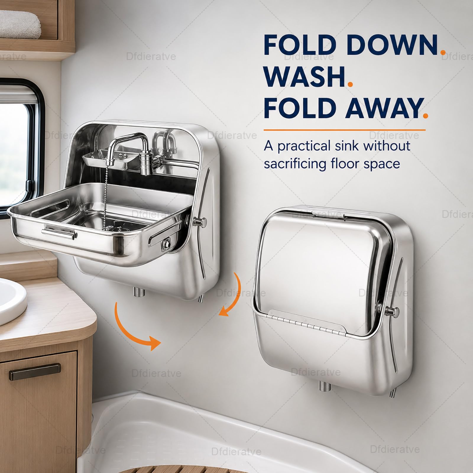 Lavello Pieghevole da Parete per Camper, Caravan e Barca, Lavandino Salvaspazio in Acciaio Inox 304 con Porta Sapone, Rubinetto Acqua Fredda e Grande Vasca 30x30cm