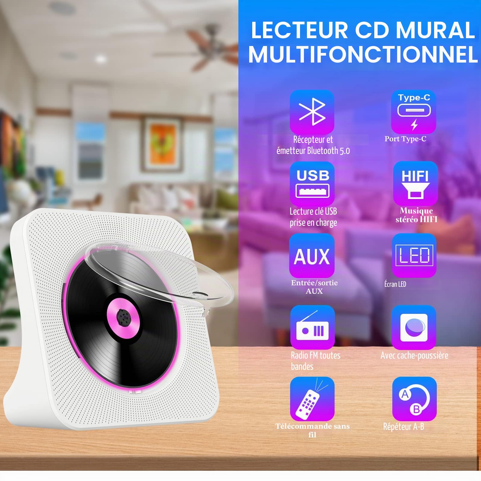 Lecteur CD Portable avec Bluetooth 5.0 et Radio
