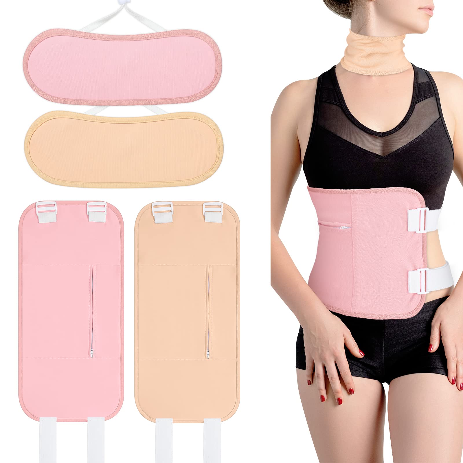 Treela 4 Pcs Castor Oil Wrap Kit Reusable Castor Oil Pack, Include 2 Waist and 2 Neck, Coconut Oil Pack with Bag Apply to Dead Sea Salt Organic for Skin Issues Eczema Liver Stress (Pink, Fleshcolor)