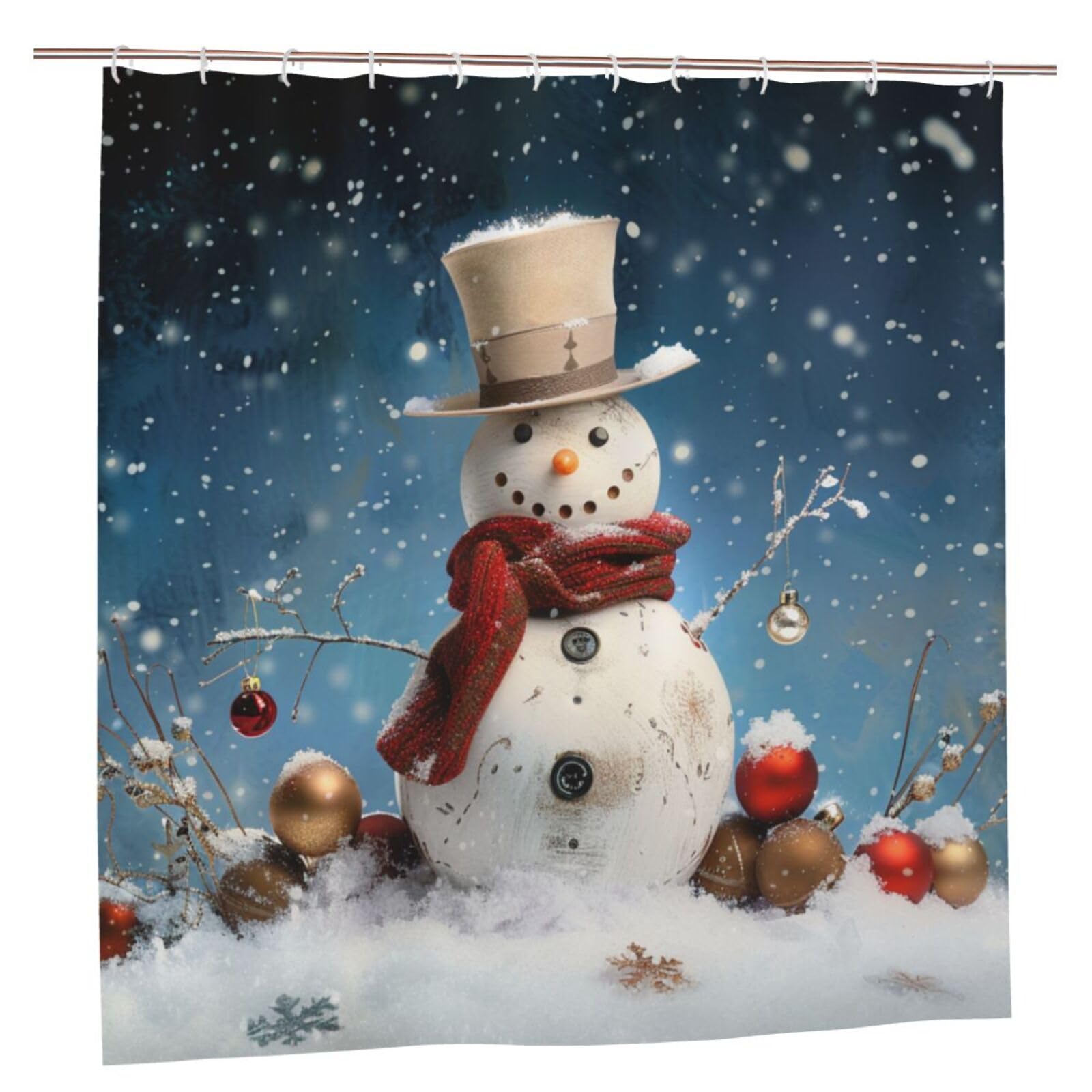 BWWHCCTI Snowman Printed Shower Curtain With 12 Plastic Hooks Opaque Quick Drying Waterproof Shower Curtains Sets For Bathroom 183x183 CM