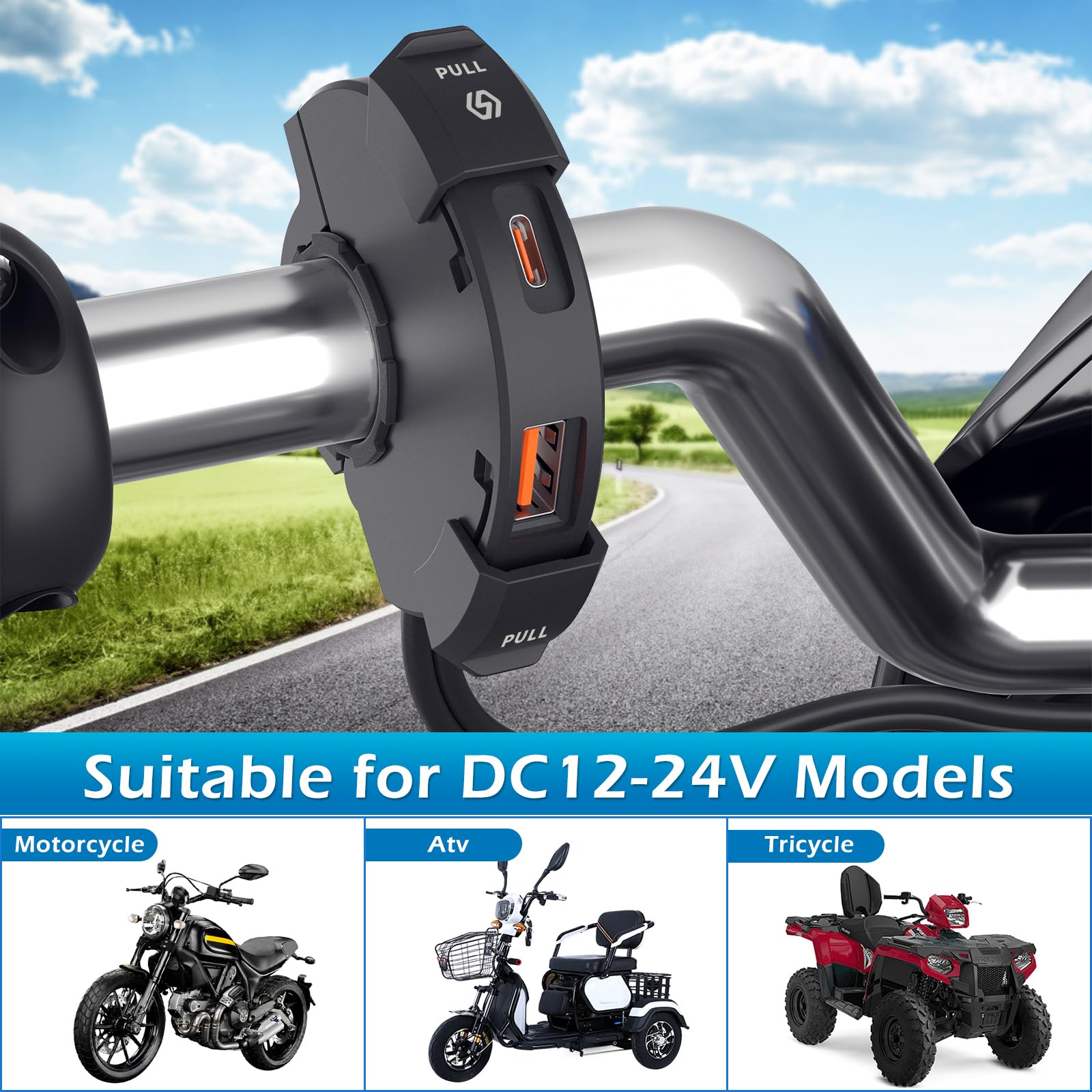Kairey Prise USB Moto,Chargeur USB de Moto ÉTanche 12V Etanche Moto Chargeur avec QC3.0 USB& PD Type C pour 12V-24V Moto Bateau Marin Caravane
