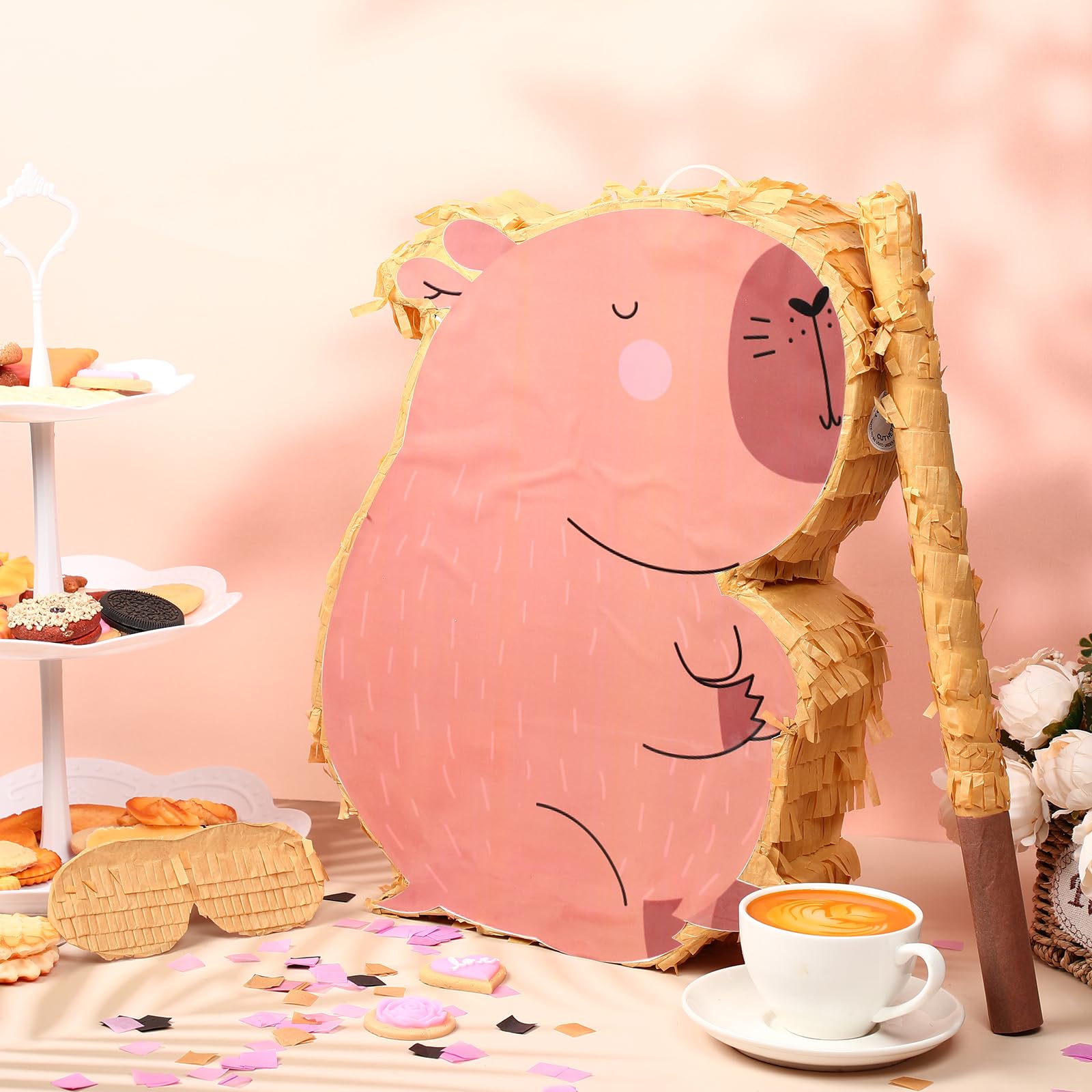 Sonwyoung Capybara Piñata for Kids Birthday Party 15.7 x 10 x 2.8 Inches Animal Piñata with Bat Blindfold and Confetti for Baby Shower Photo Props Cinco De Mayo Fiesta Decoration