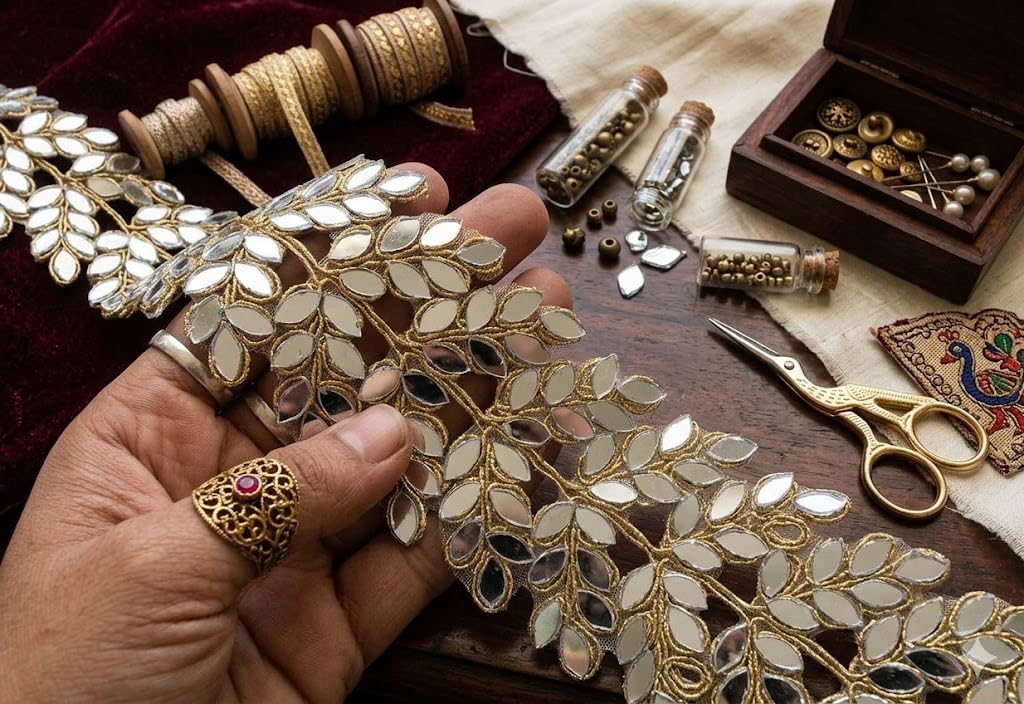 Small Tilak Shape Silver Mirror Work lace Cutwork Design lace Handwork Border for Craft n Decorating Fabrics (LightGold with Silver mirror-3meter)-image-30