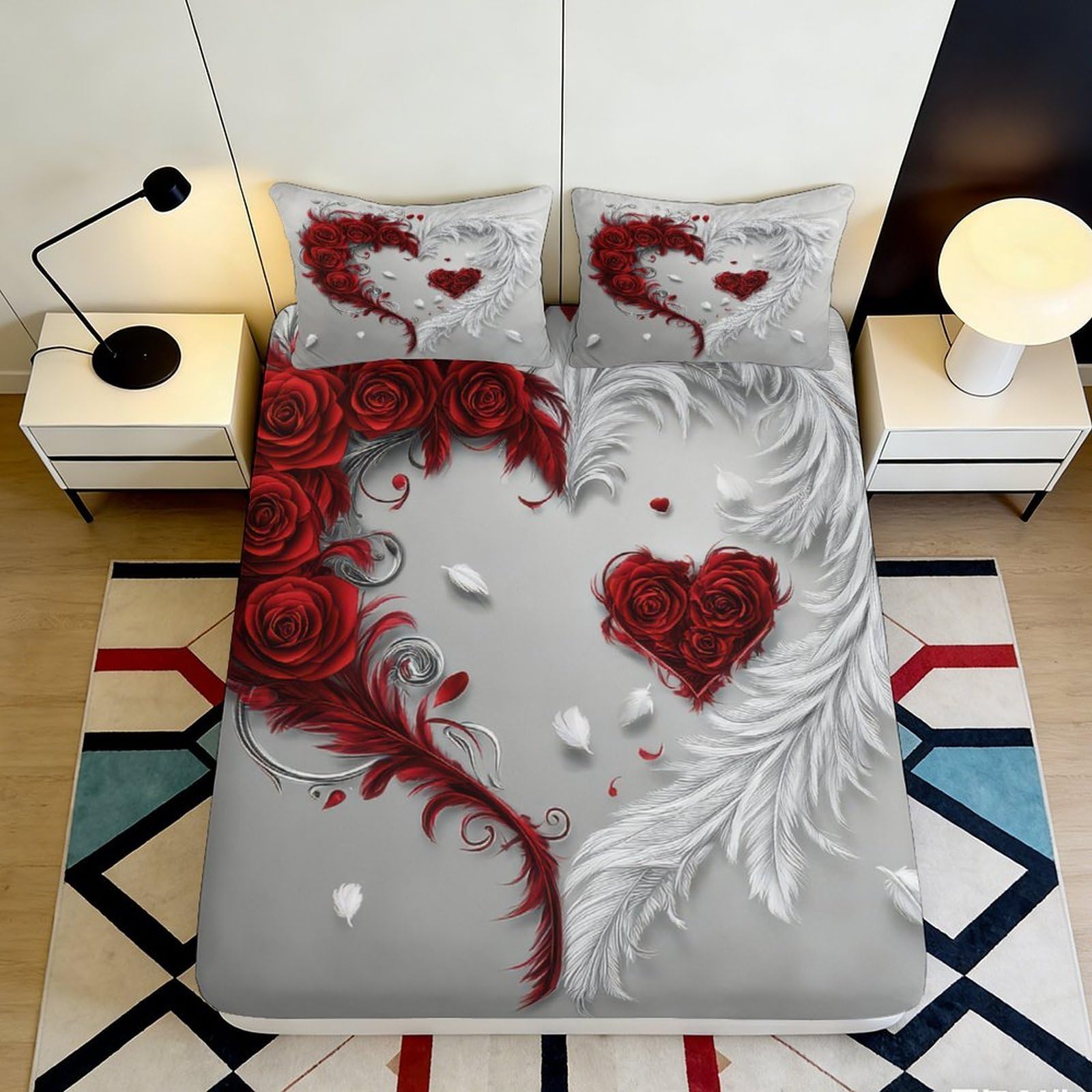 3D Printed Feather Heart Fitted Sheet Microfiber Deep Pocket Bedroom Bedding Non-Slip Feather Mattress Fitted Cover for Adults Teens 200x200x25cm