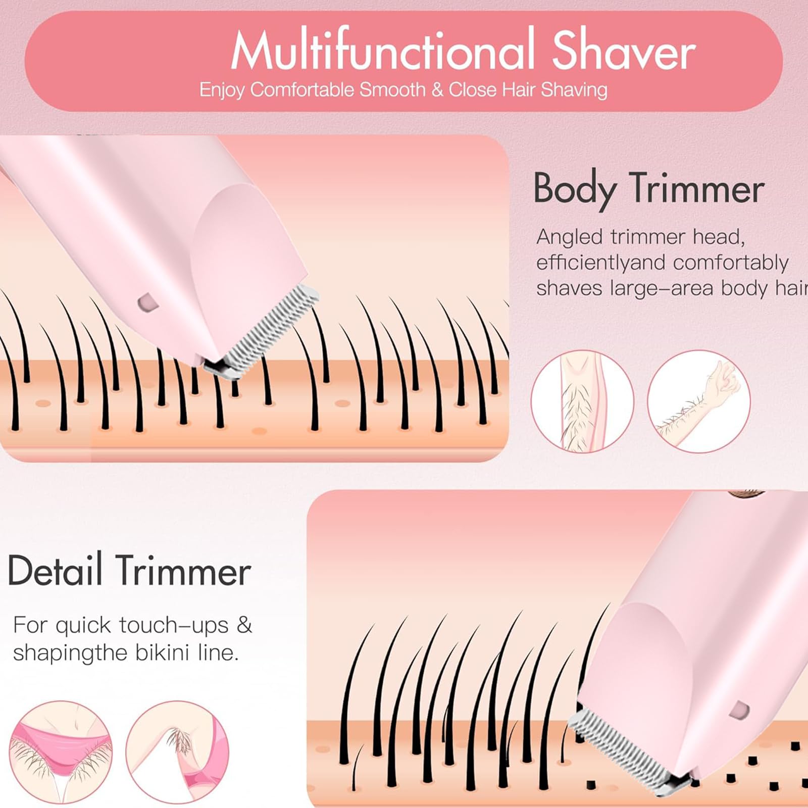 Rasoir Electrique Femme, Rasoir Electrique Feminin IPX6 Étanche Rasoir, zone Intime Sec/Humide pour Bikini, Aisselles, Bras, Visage et nez (Rose)