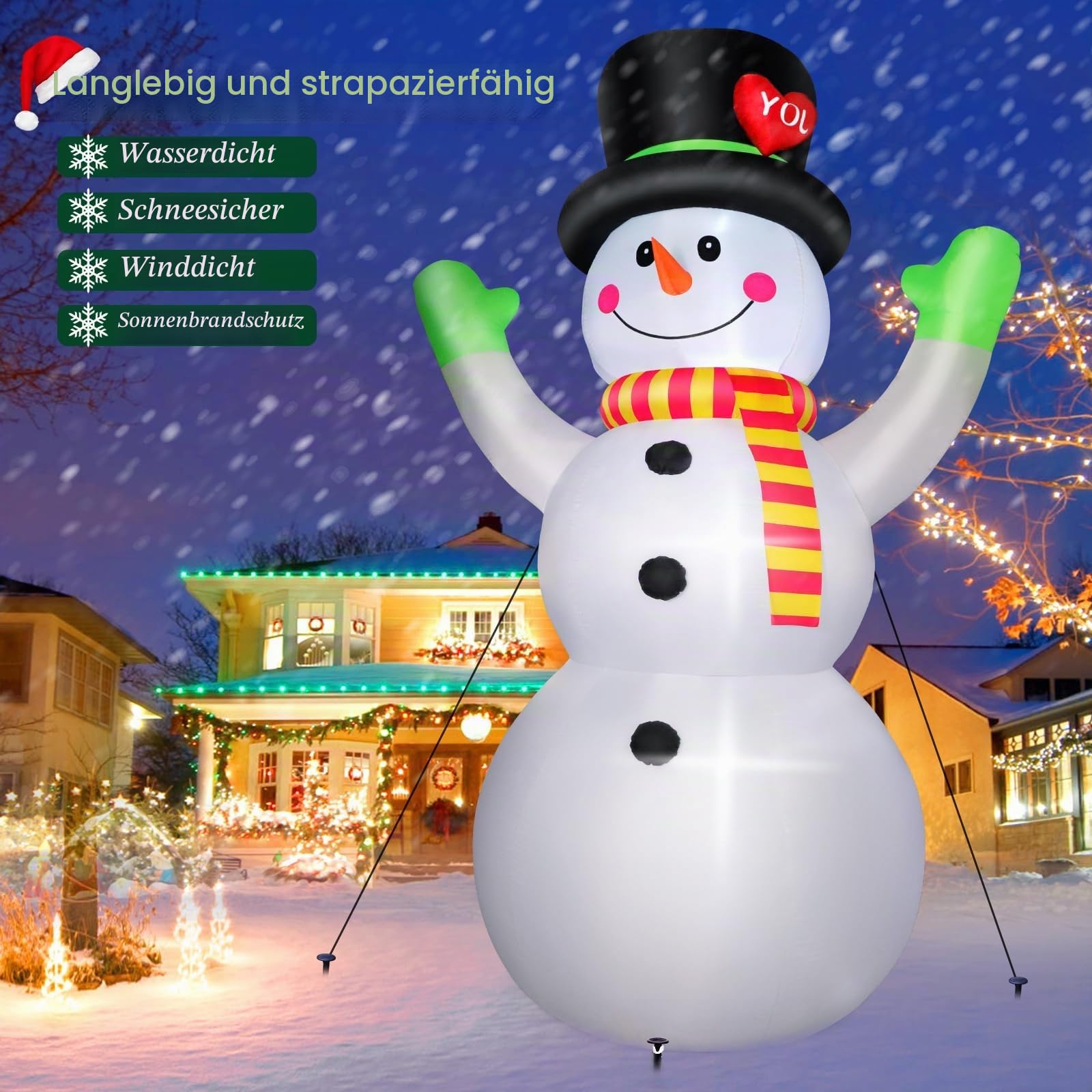 Aufblasbarer Schneemann 3 m mit LED Beleuchtung, riesige Aufblasbare Weihnachtsdeko Außen, Aufblasbarer Schneemann große Weihnachtsfigur, windstabil & wetterfest, Outdoor Deko für Garten Xmas Party