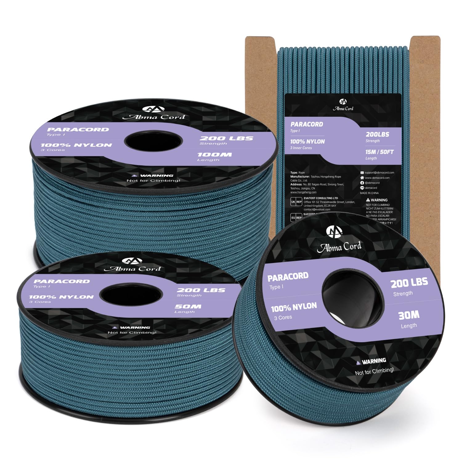 Abma Cord 2mm Paracord 100m Nylon Rope 3 Strands Type I Cord for DIY, Camping, Outdoor - Max. 90kg (200lbs) - Teal
