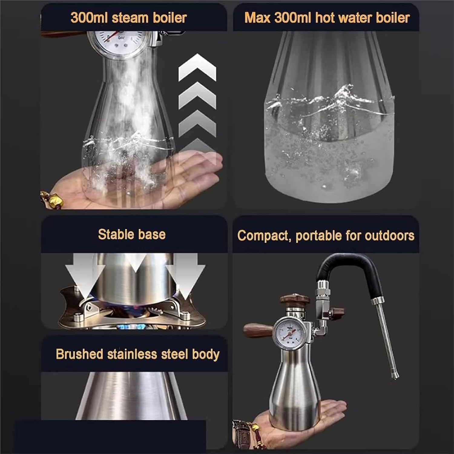 Outdoor Steam Frother, Steam Boiling Water Frothing Machine, 300ml Water, Pressure Gauge, 3 Bar Max Pressure, Open Flame, Induction Hob Heating, For Coffee Shop, Home
