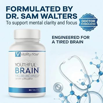 Youthful Brain | Memory & Brain Health Support Supplement with Bacopa Monnieri, Ginkgo Biloba, B12 - Easy to Swallow Tablets - 30-Day Supply (60 Count)