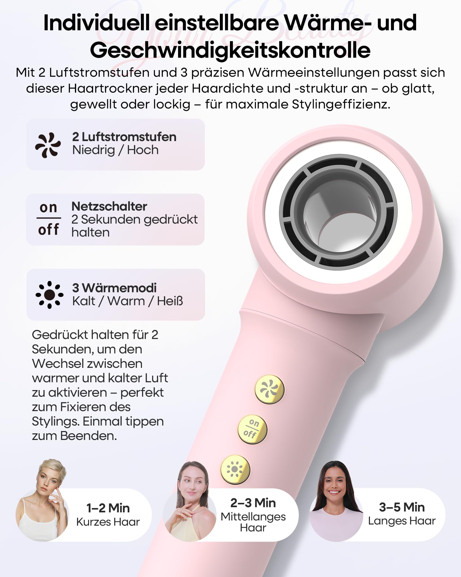 Airstyler 7 in 1 Ionen Föhn mit Diffusor Lockenstab Haartrockner Glätteisen Volumenbürste Warmluftbürste Reisetasche Rosa