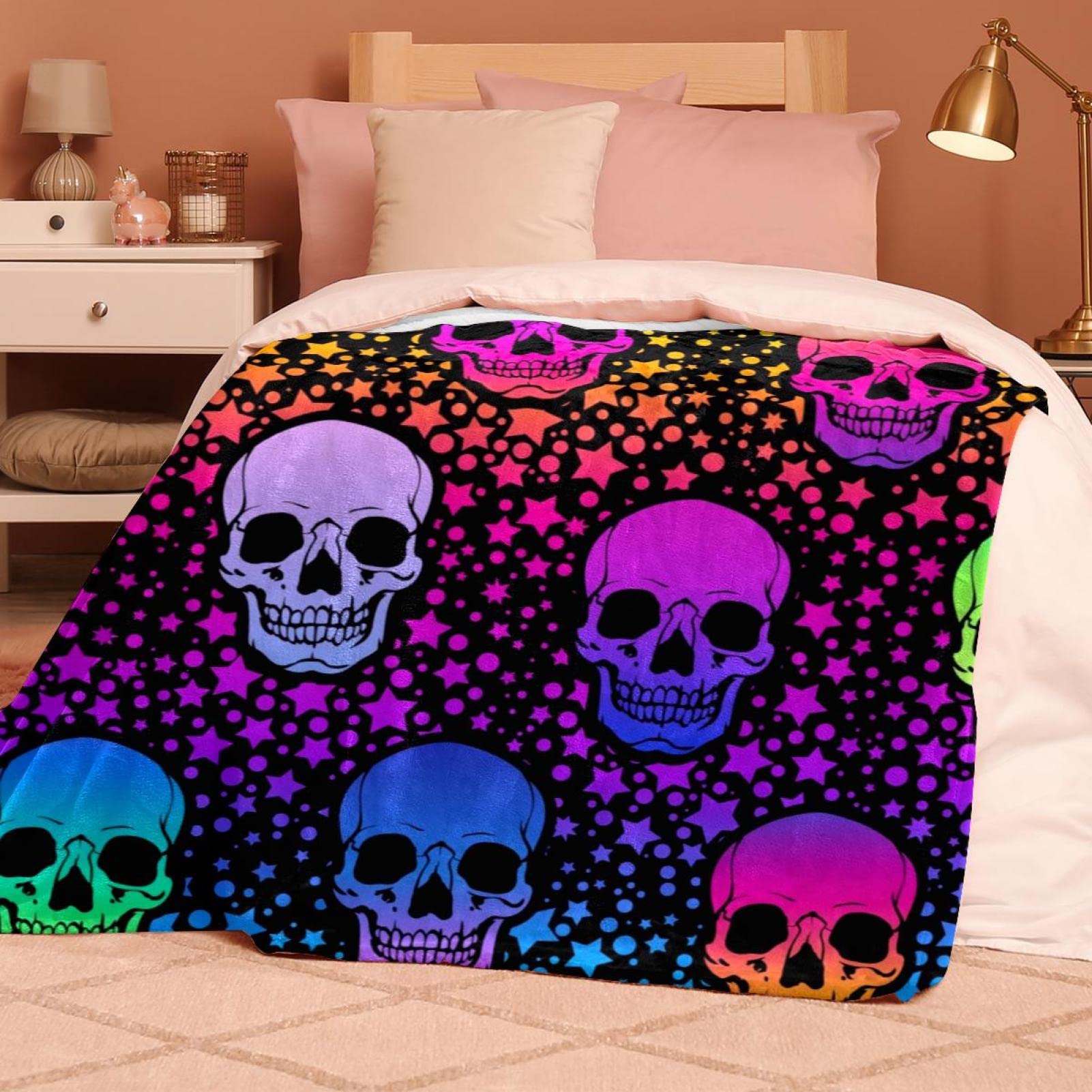Coperta in pile con motivo a teschi al neon - morbida e leggera peluche accogliente - perfetta per letto, divano, viaggi, campeggio, 150 x 199 cm