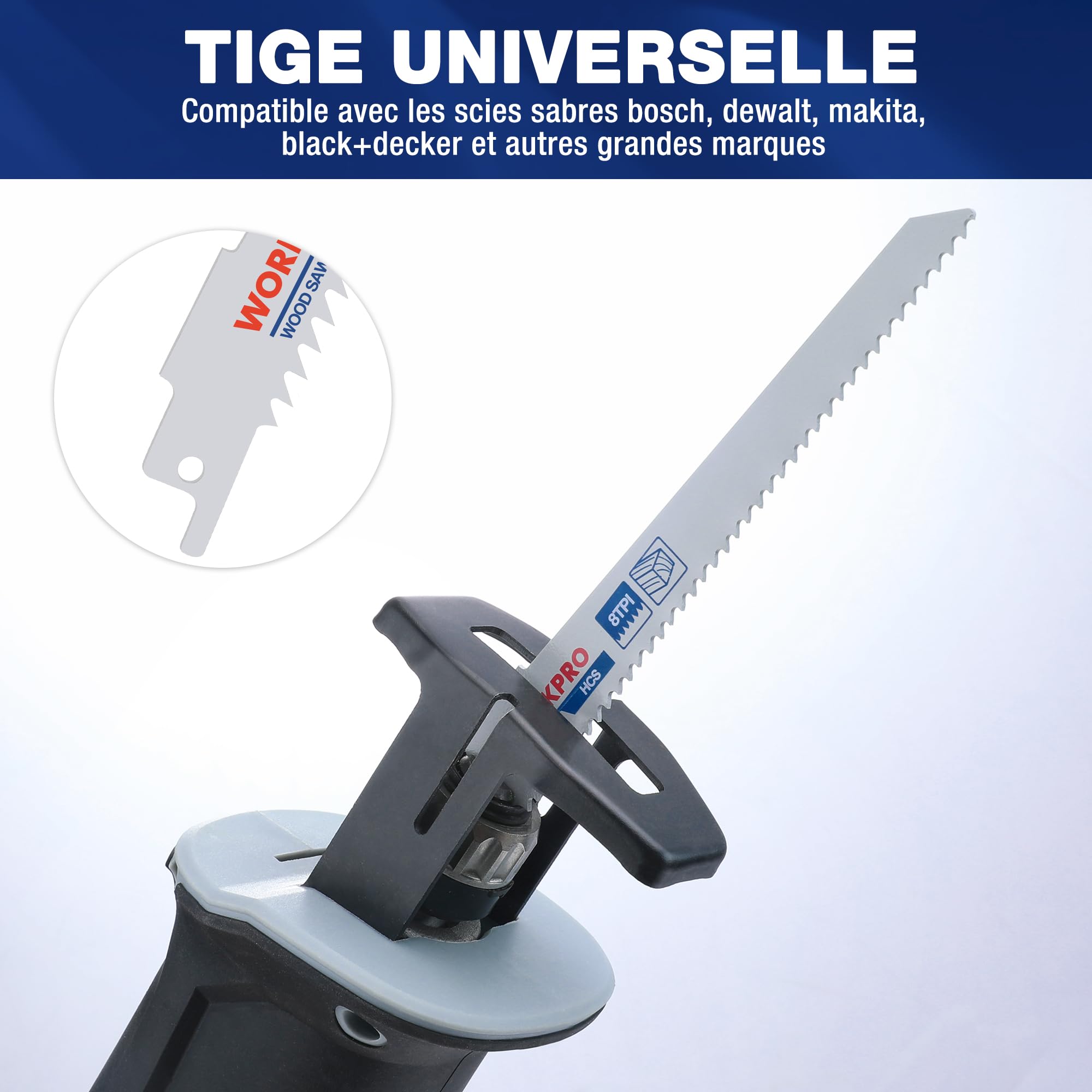 WORKPRO Jeu de 32 Lames de Scie Sabre Bois et Métal, Lames de Rechange Universelles, Coupe Rapide et Durable, Idéal pour Bricolage, Rénovation et Élagage, avec Sac de Rangement
