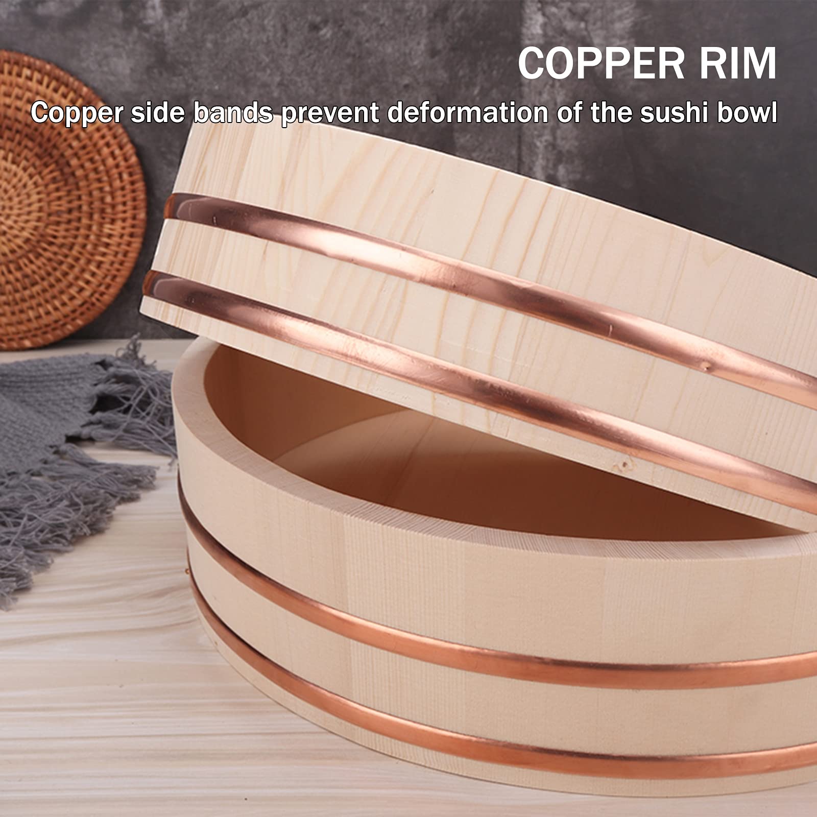 Bol mélangeur de riz à sushi en bois – Bac à riz japonais pour la préparation des sushis, 27 x 7,5 cm, parfait pour mélanger le riz à sushi et faire des plats à sushi