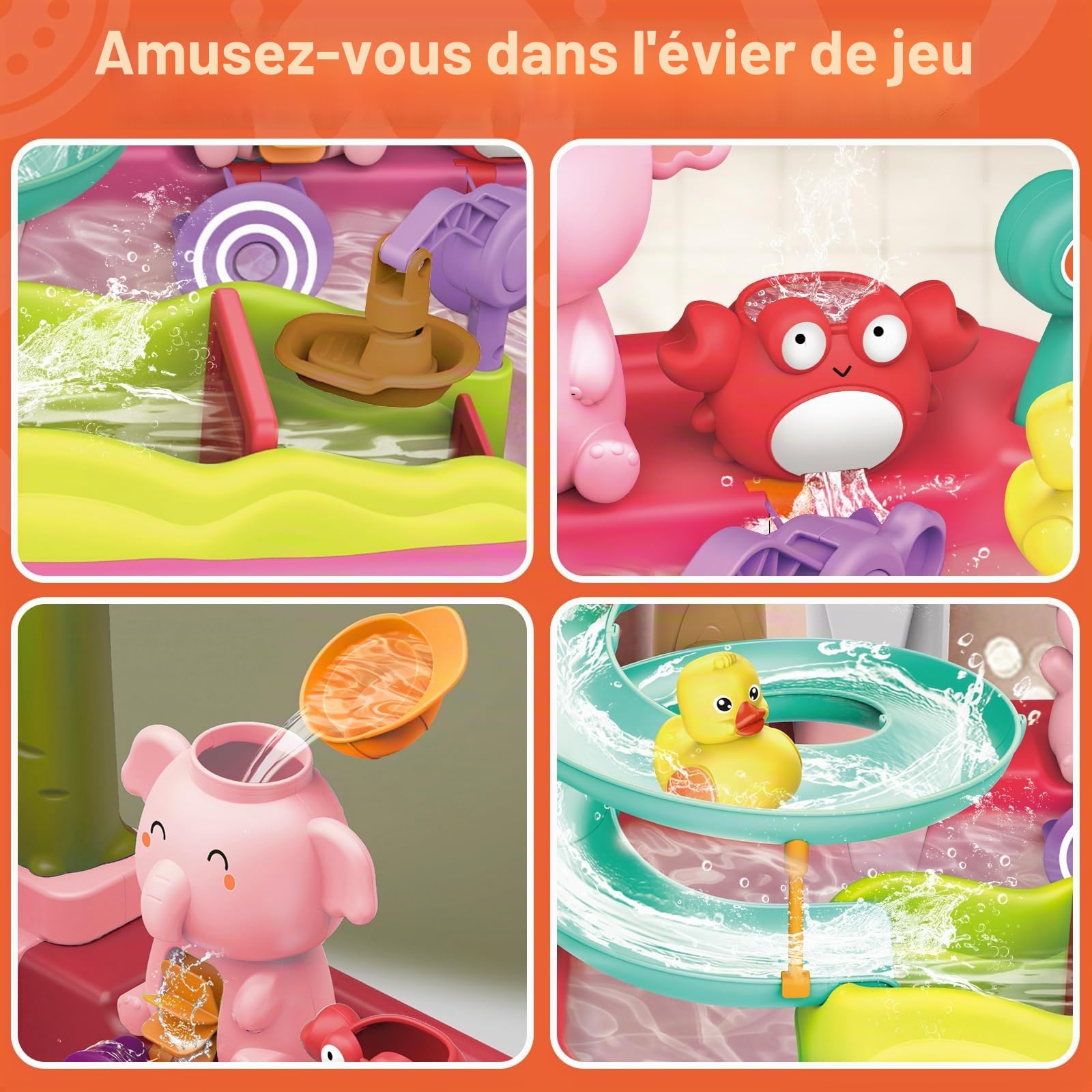 VATOS Évier de jeu avec eau courante, robinet électrique et manuel 2 en 1, jouet d'évier de cuisine, toboggan de canard, table à eau d'été, ensemble de lave-vaisselle pour enfants pour garçons et