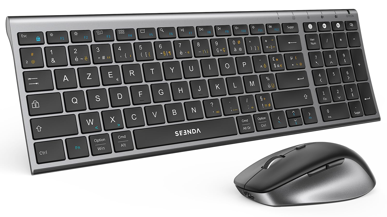seenda COE401 Clavier Souris sans Fil Bluetooth AZERTY, Noir Gris | Connexion Multi-Appareils, Rechargeable, Ultra-Fin, Silencieux, Souris 4 Niveaux DPI, Compatible Windows/Mac/iPad/Android