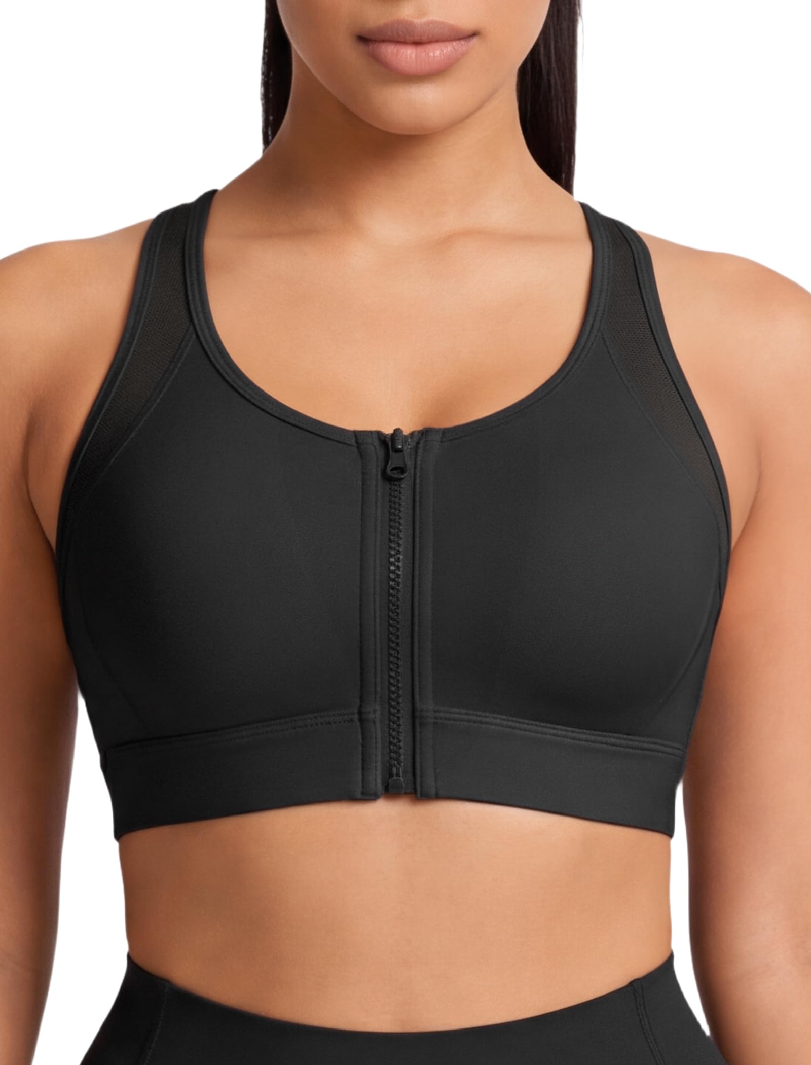 Yvette Sujetadores deportivos con cremallera frontal para mujer, malla de alto impacto, espalda cruzada, soporte completo, sostén deportivo, talla grande para correr
