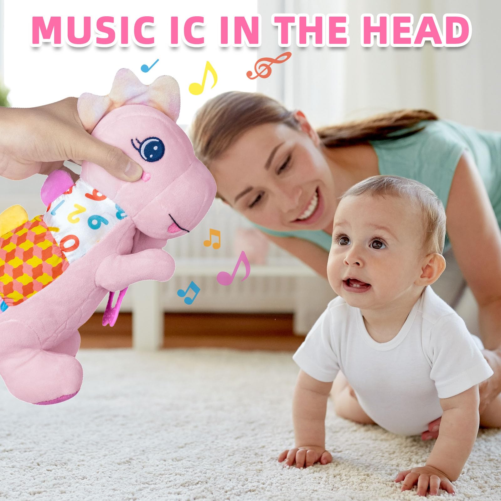 Baby Dino Musical Stuffed Animal Toys for 0-3-6-9-12 Months?Infant Dinosaur Tummy Time Toys with Crinkle Sound Paper?Teether?Textures & Rattles for Newborn Boys Girls Birthday Gifts?Pink