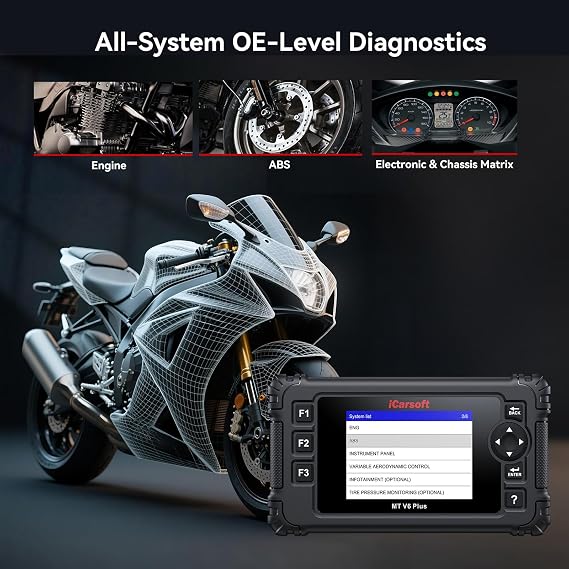iCarsoft MT V6 Plus Motorcycle Scanner Diagnostic Tool, Motorbike All Systems Bidirectional Code Reader with 5 Reset Services/Active Test/Auto Scan/Live Data, ABS Bleeding, Moto OBD+Car OBD Diagnosis
