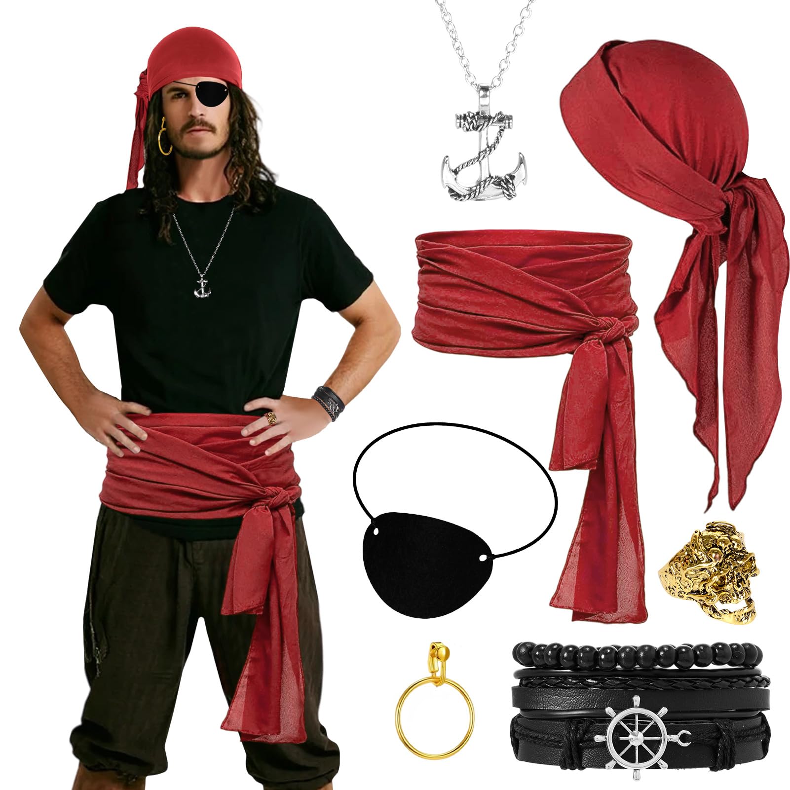 Essestim 7 Pcs Pirate Costume Accessories Set for Women Men Pirate Fancy Dress with Bandana Sash, Belt, Eye Patch, Ring Accessories for Halloween, Cosplay Party (Style 2) — image 1