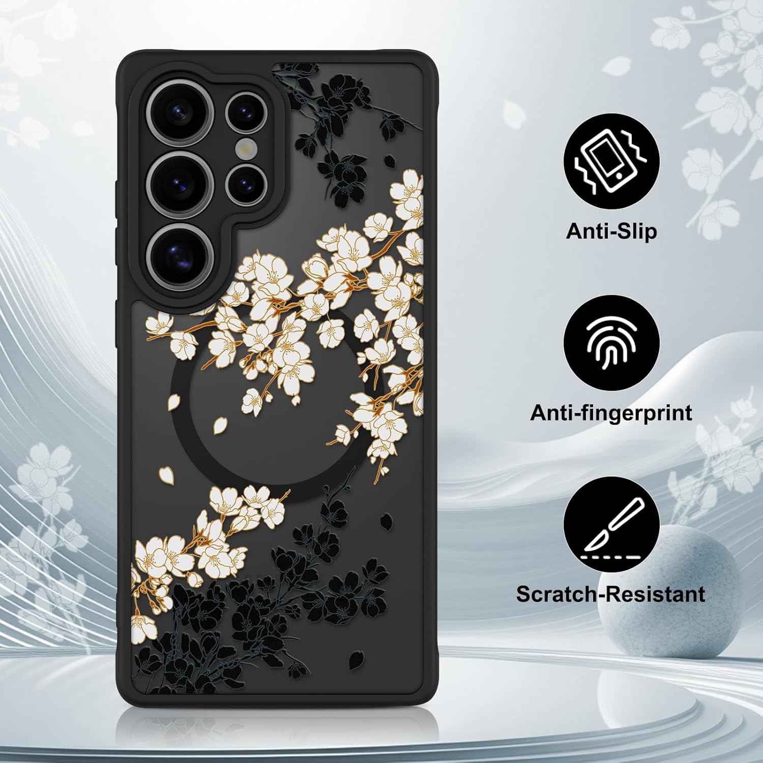 OOK Case Fit for Samsung Galaxy S25 Ultra 6.9 Inch (Wireless Charging Compatible) White Floral Flowers Design Translucent Phone Cover Soft TPU + Hard PC Anti-Scratch Shockproof Magnetic Case for Women - Image 5