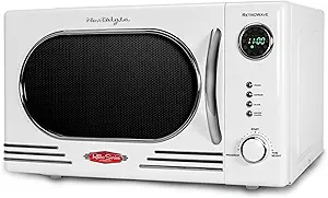 Nostalgia NRMO11WH6A 1000 Watt Power Retro Countertop Microwave Oven Easy to Clean with Removable Glass Turntable-Child Safety Lock-12 Programs-Digital Clock, 1.1 Cu. Ft, White