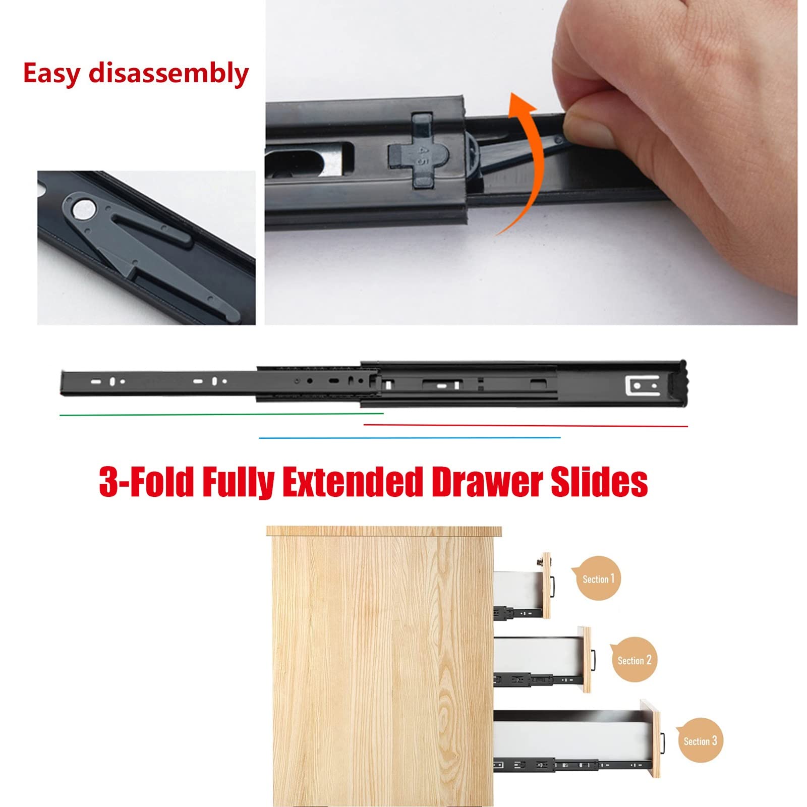 Coppia di Guide per cassetti Resistenti, carico 45 kg - Guide per cassetti con Cuscinetti a Sfera a Estensione Completa - per Una Facile conservazione - Lisce - Guida telescopica a 3 sezioni