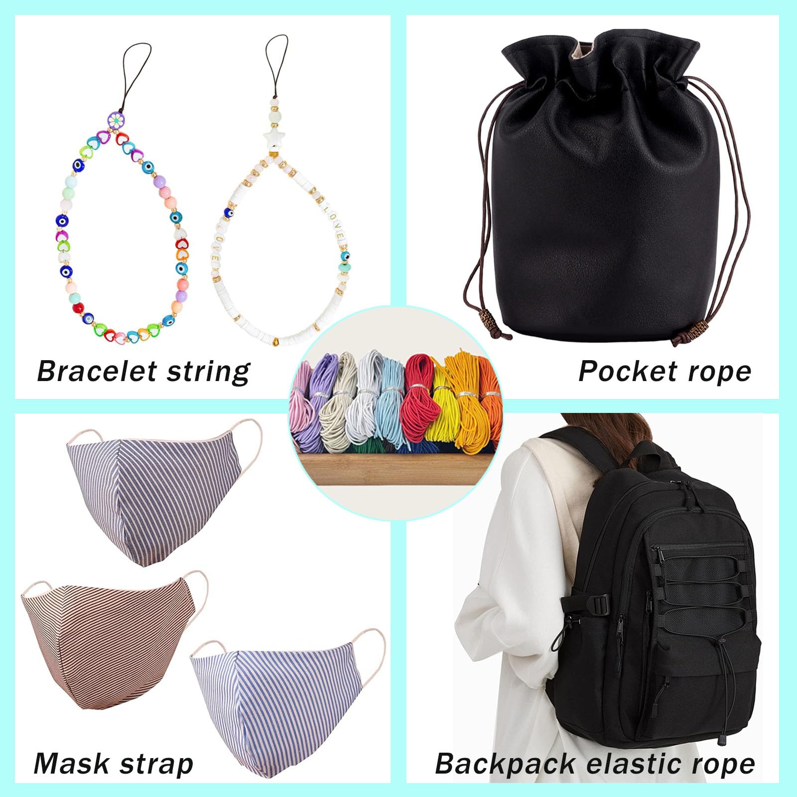 Elastische Kordel 0,8 mm – 4-adrige Stretchschnur für Armbandherstellung, 20 Farben, 180 m, DIY-Schmuckschnur – dehnbare Perlenschnur für Halsketten, Nähen, Basteln und Haarbänder (0,8 mm)