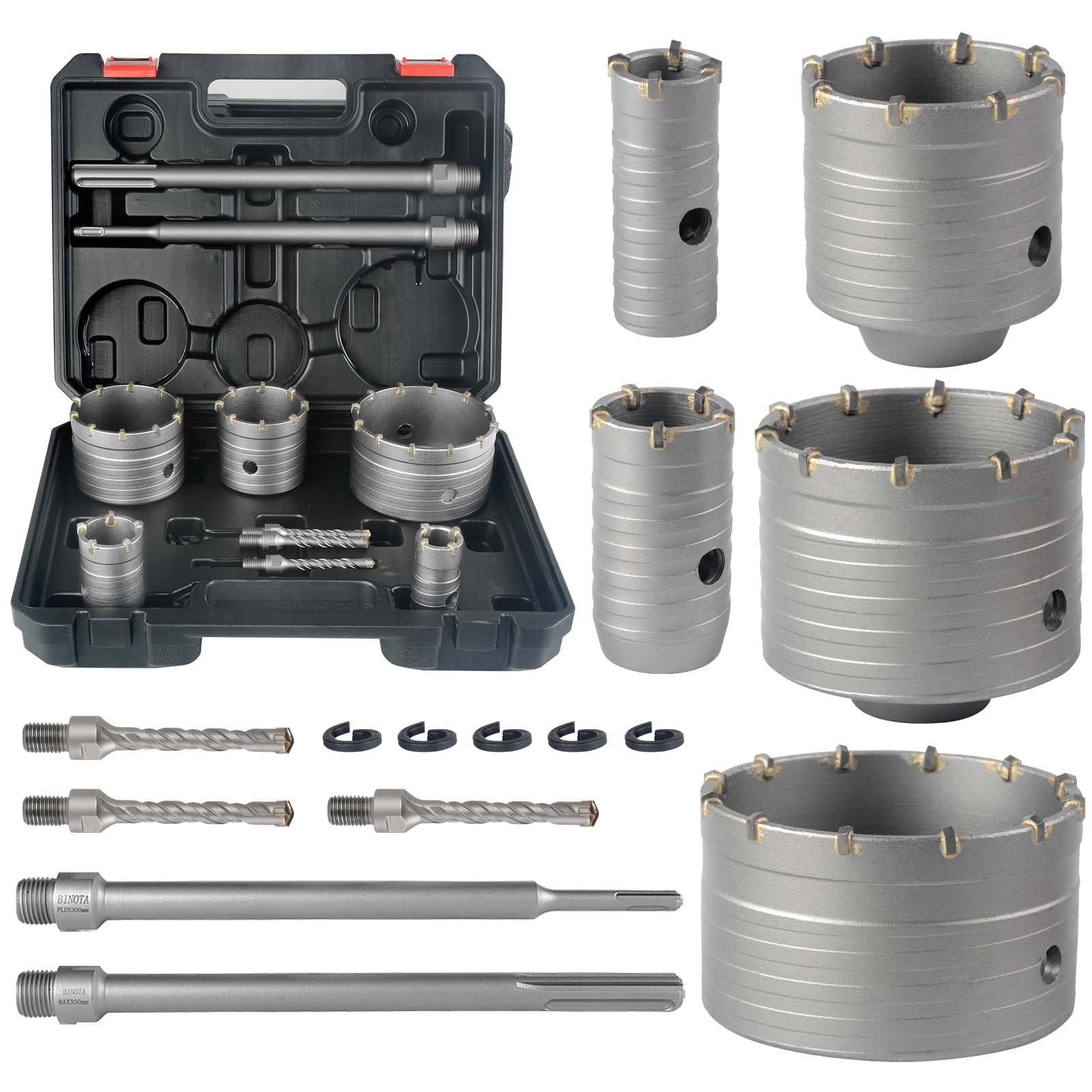 BINOTA Kit de Sierra Perforadora para Hormigón, Brocas Circulares, Sierra Perforadora, para Hormigón, Cemento, Pared de Ladrillo, MamposterÍa de Piedra, 30, 40, 65, 80 y 100 mm