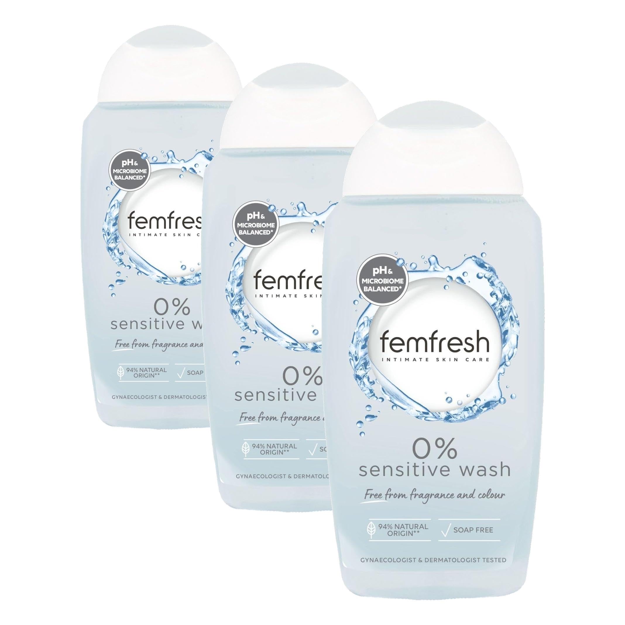 Femfresh 0% Sensitive Intimate Wash - Feminine Hygiene Shower & Bath Gel Cleanser - pH Balanced, Soap Free, Fragrance Free Vegan Formula - w. Purifying Lotus Flower Extract to Soothe & Protect - 250ml