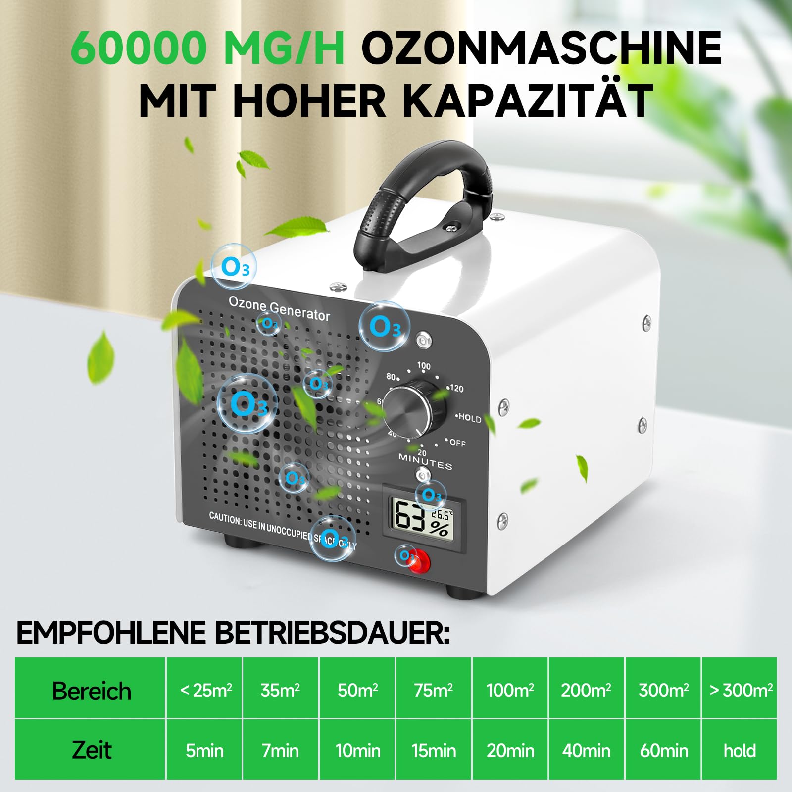 Ozongenerator 60000 mg/h Industrielles Ozon-Gerät mit 120-Minuten-Timer bis 350㎡ O3 Ozonisator Weiß
