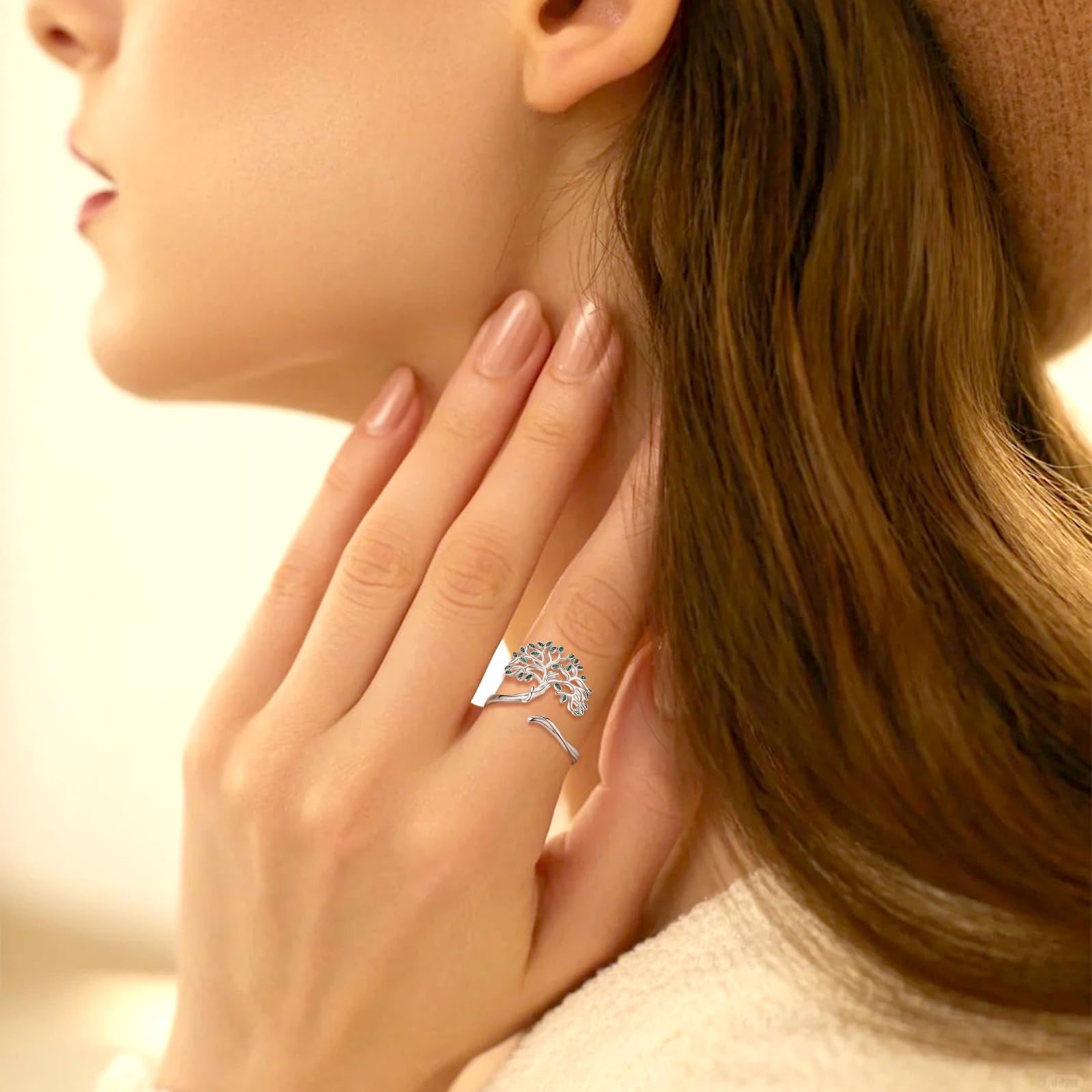 AEONSLOVE Anillo Piedra Lunar Ajustable Plata de Ley 925 para Mujer Niña, Anillo Abiertos Arbol de la Vida/Claddagh/Abrazo/Pluma, Anillos Nudo de Bruja/Hojas Triple Luna Hécate
