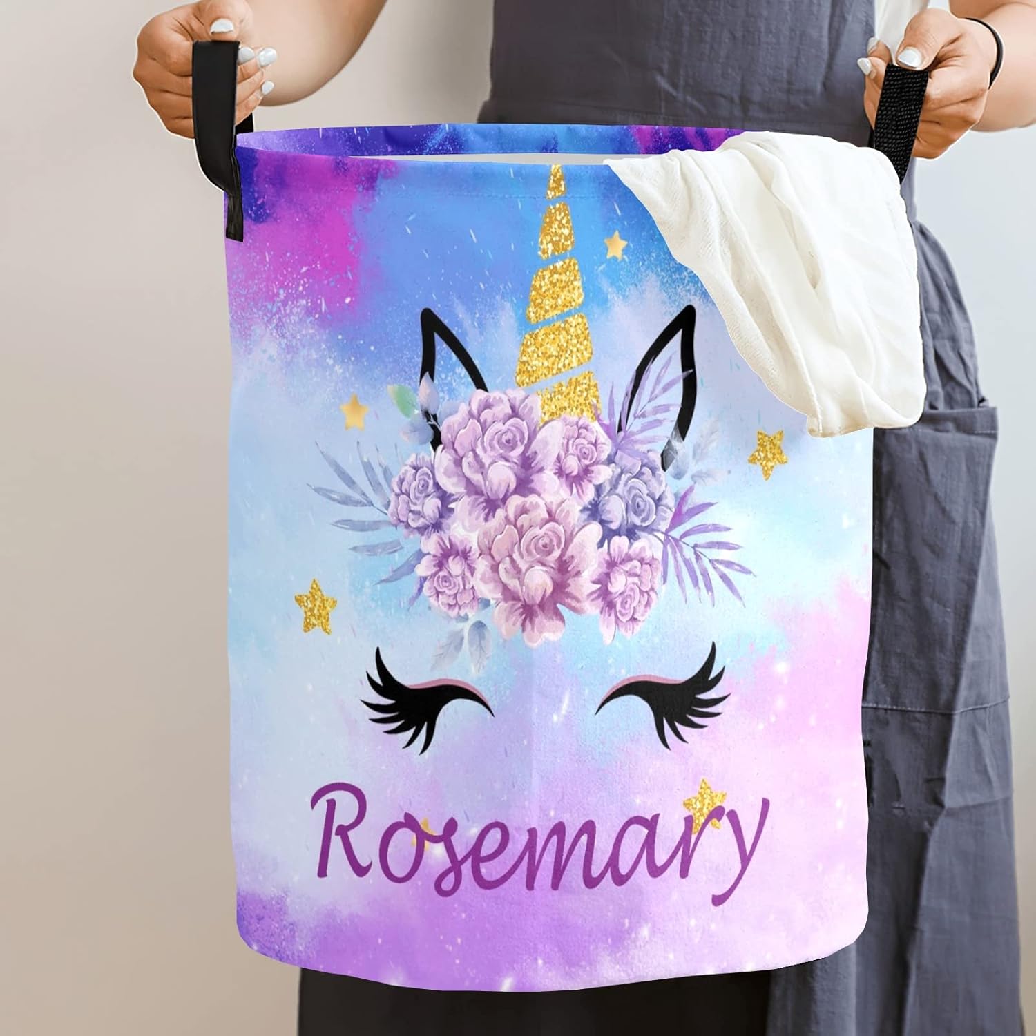 Custom Laundry Basket Personalized Unicorn Laundry Hamper Custom with Name Collapsible Waterproof Storage Basket with Handles for Bedroom Bathroom Decorative Large Capacity