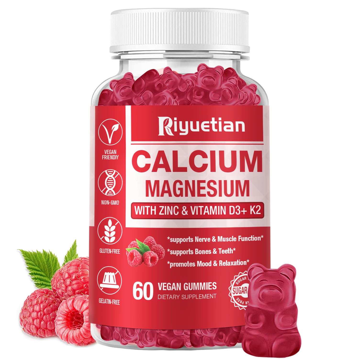 Calcium Gummies + Magnesium & Zinc with Vitamin D3 & K2, High Absorption Calcium Supplement for Bone, Teeth & Immune Support, Non GMO, Vegan, 60 Count 1 Pack