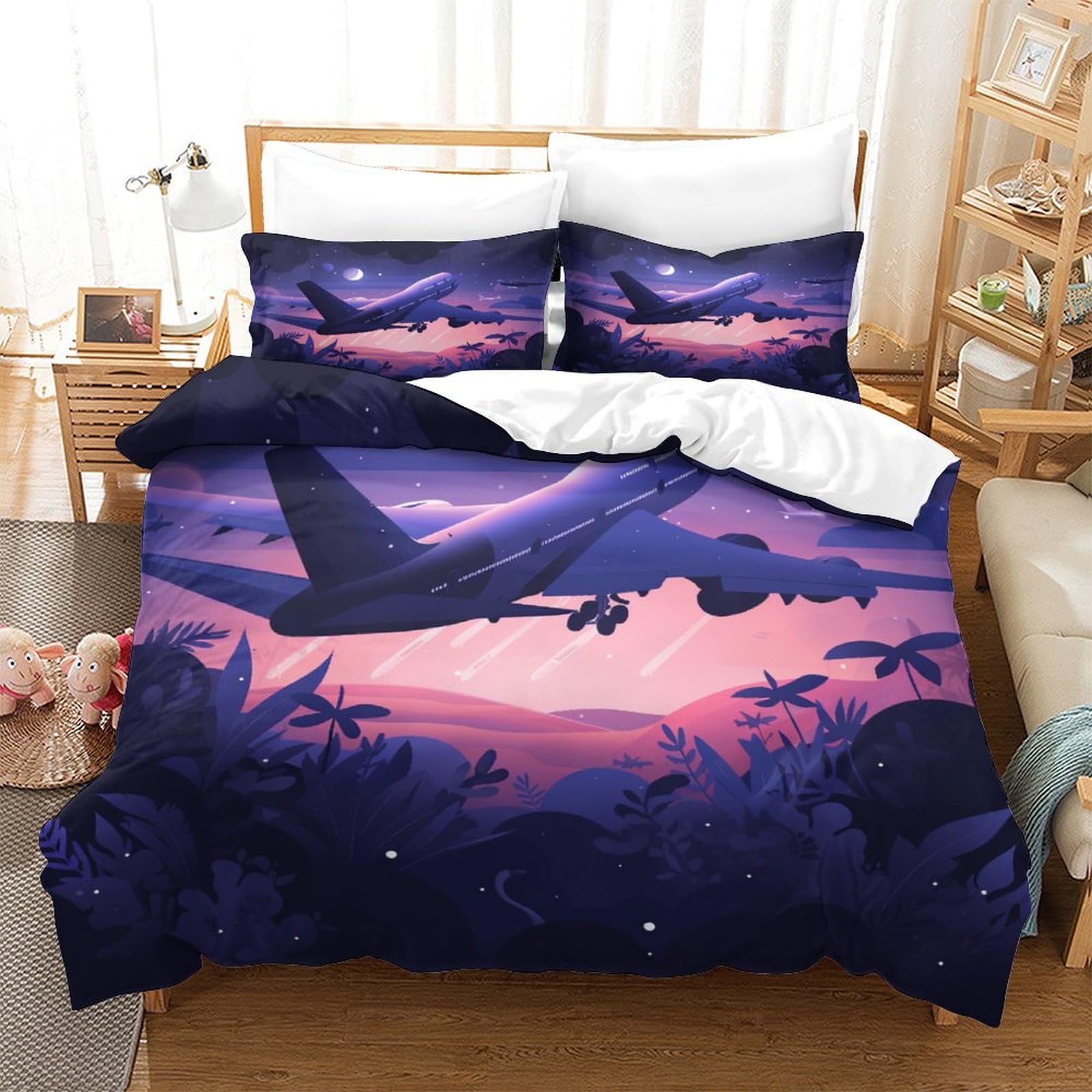 P1s9u7w5y Aircraft-4 3D Printed Sunset Airplane 3Pcs Microfiber Duvet Cover Set Scenic Bedding Set King（220X240cm）