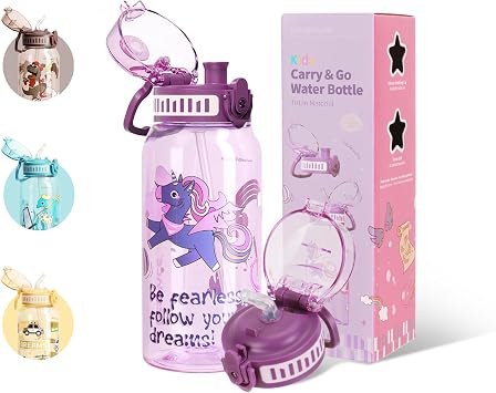 UZSPACE Kids Water Bottles with 2 Different Lids - 600ml Water Bottles for Kids - Leakproof Tritan Drinks Bottle with Straw - BPA-Free Sports Bottle for Boys Girls School, Purple