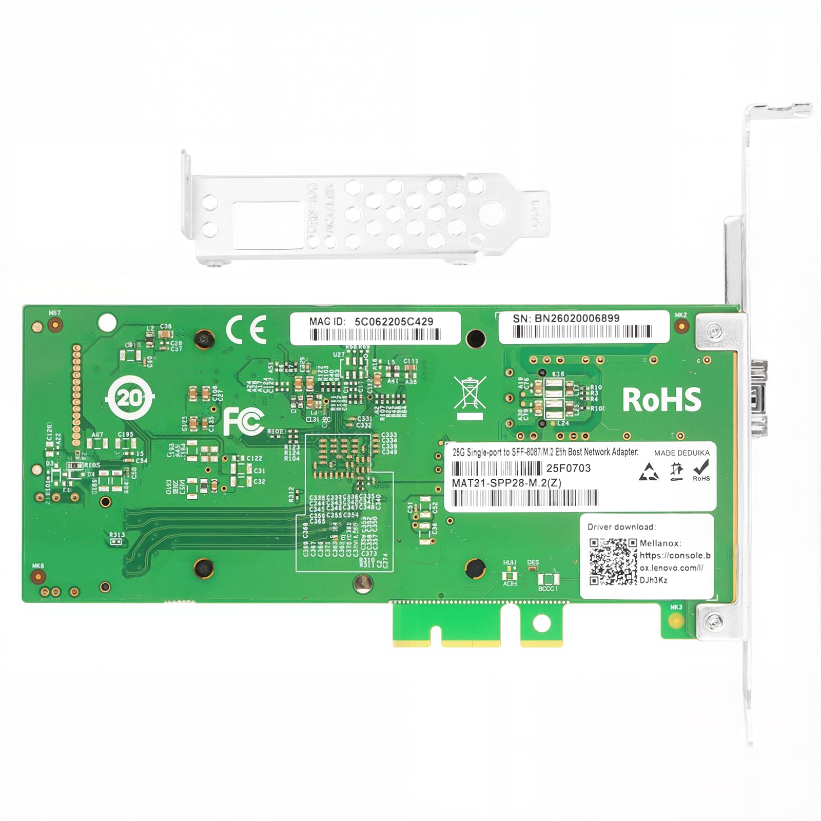 M.2 to 25Gb NIC, for Mellanox ConnectX4 Chip, 1*SFP28 Port, M.2+M Key+SFF 8087, with 0.35m(1.1ft) Connection Cable, 25/10 / 1 Gbps, Support Windows Server/Windows/Ubuntu/Linux