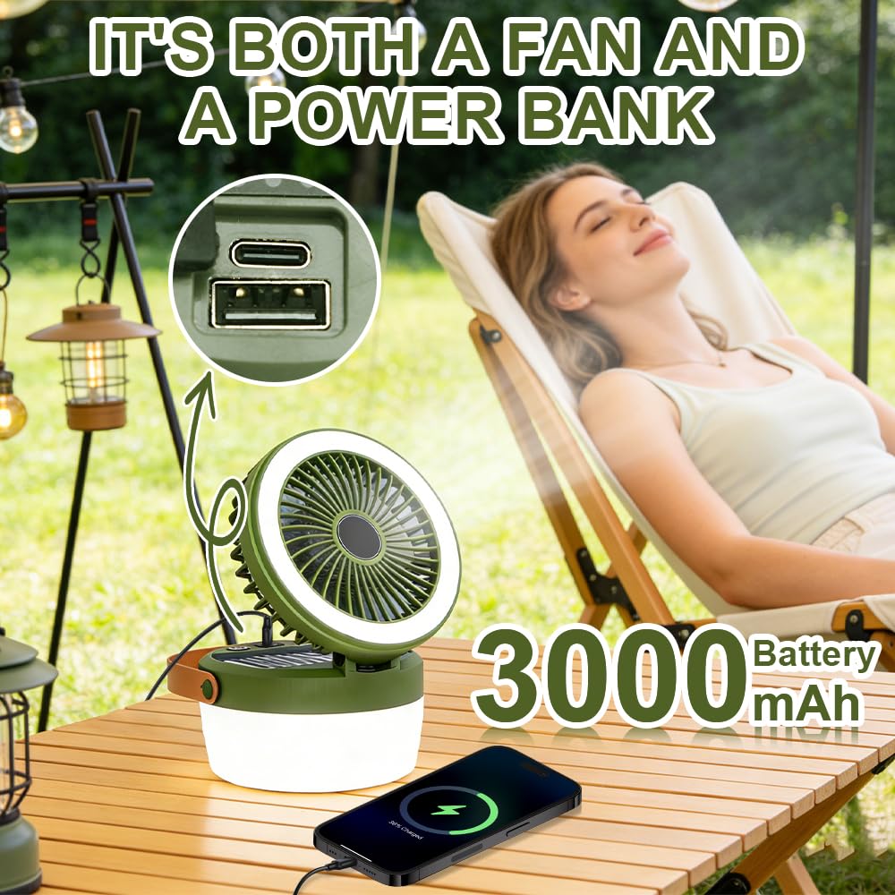 LED Campinglampe Solar, Tragbarer Camping Ventilator mit 4 Leuchtmodi | 3 Windgeschwindigkeiten, Campinglampe Akku Aufladbar für Außenaktivität, Wandern, Zeltlampe, Umgebungslicht, Notfall