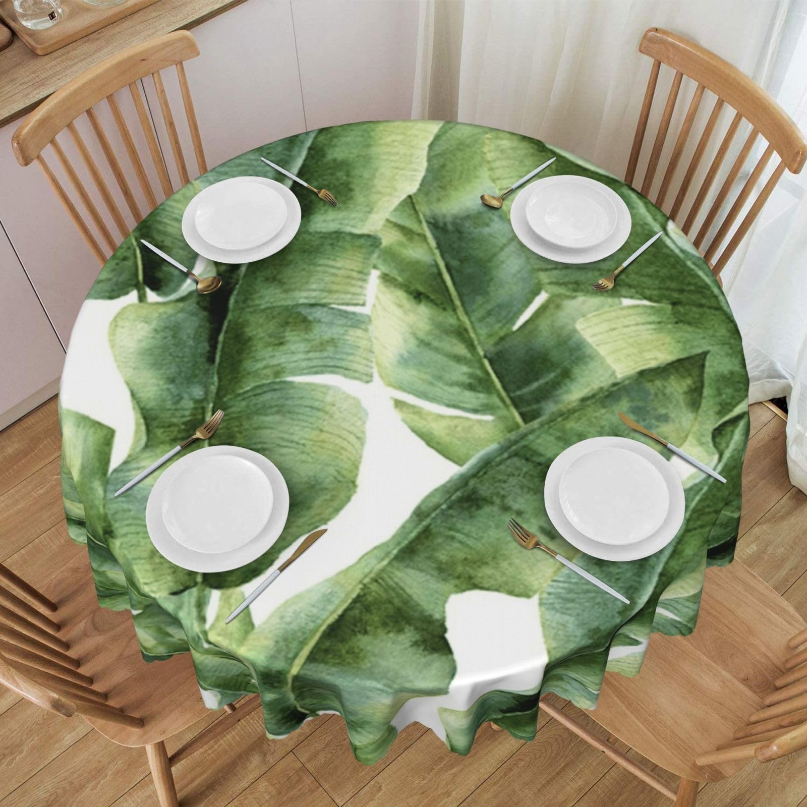 DCEHGEW 60 In Round Tablecloth with Lace, Watercolor Banana Plant Printed Oilproof & Washable Fabric Picnic Table Cloth Table Covers