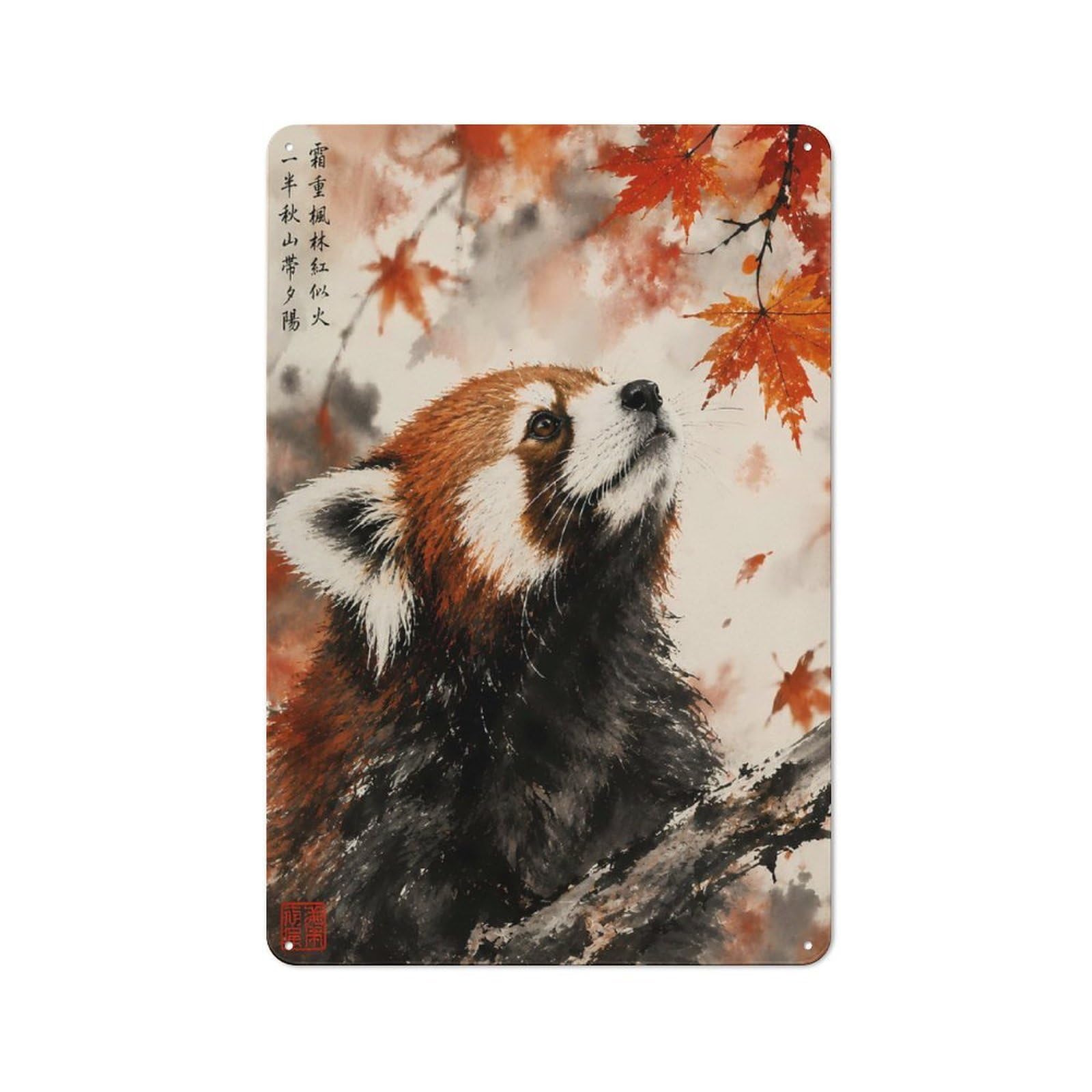 Red Panda Among Autumn Leaves Vintage Metal Plaque 30x20cm for Home Office Or Studio, Seasonal Metal Wall Decor for Winter Interiors