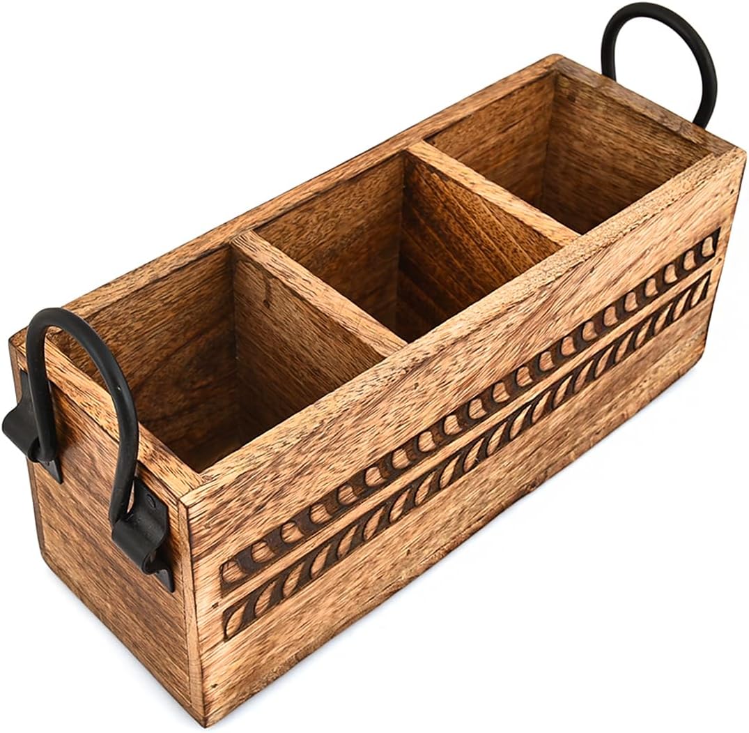 NIRMAN Soporte para bolígrafos organizador de bolígrafos rústico de escritorio, soporte para lápices de madera con 3 compartimentos (11 x 4 x 4.5