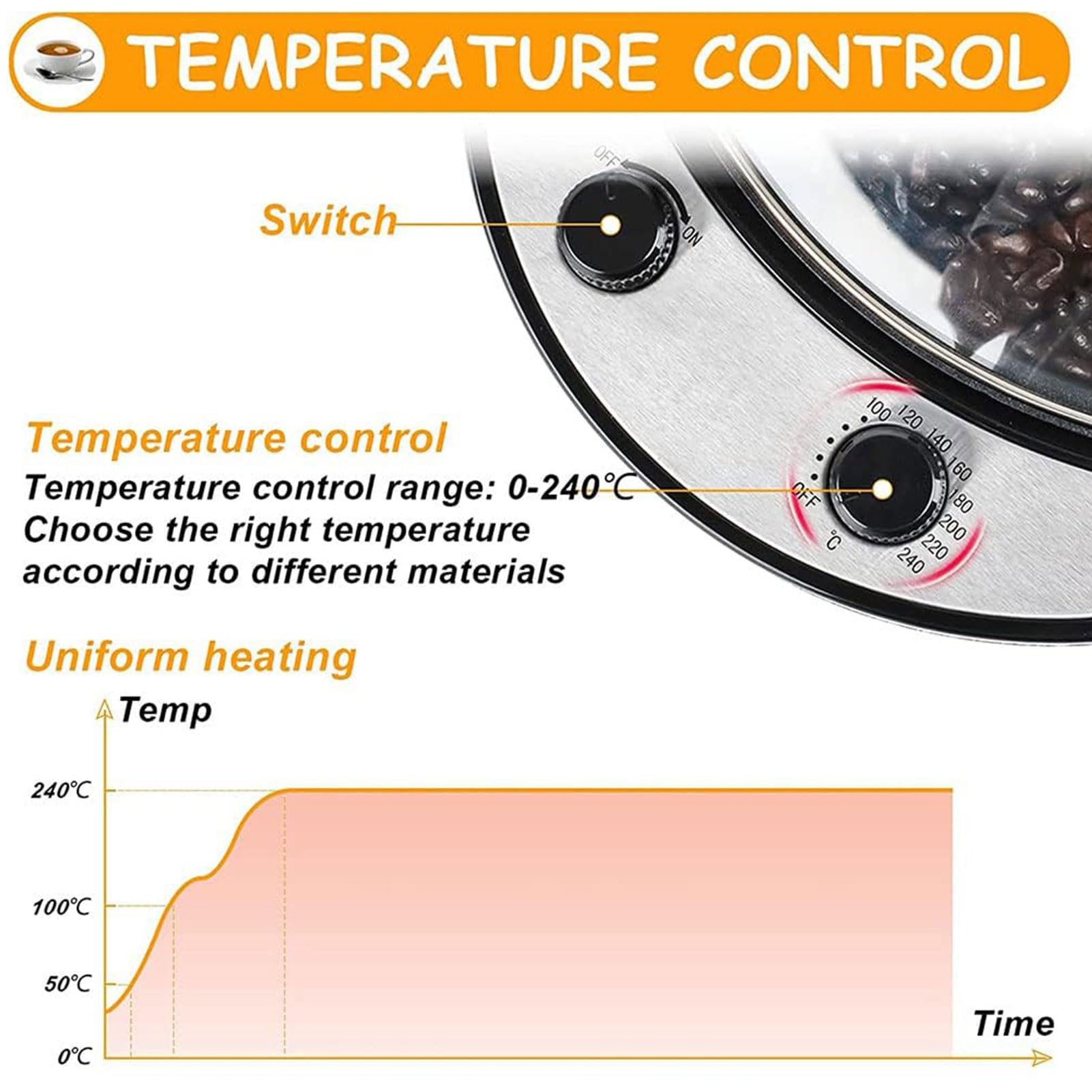 Torréfacteur électrique 1200 W avec température réglable de 0 à 240 ℃, Machine à rôtir en Acier Inoxydable pour la Cuisson du café, des Grains Crus, des cacahuètes A