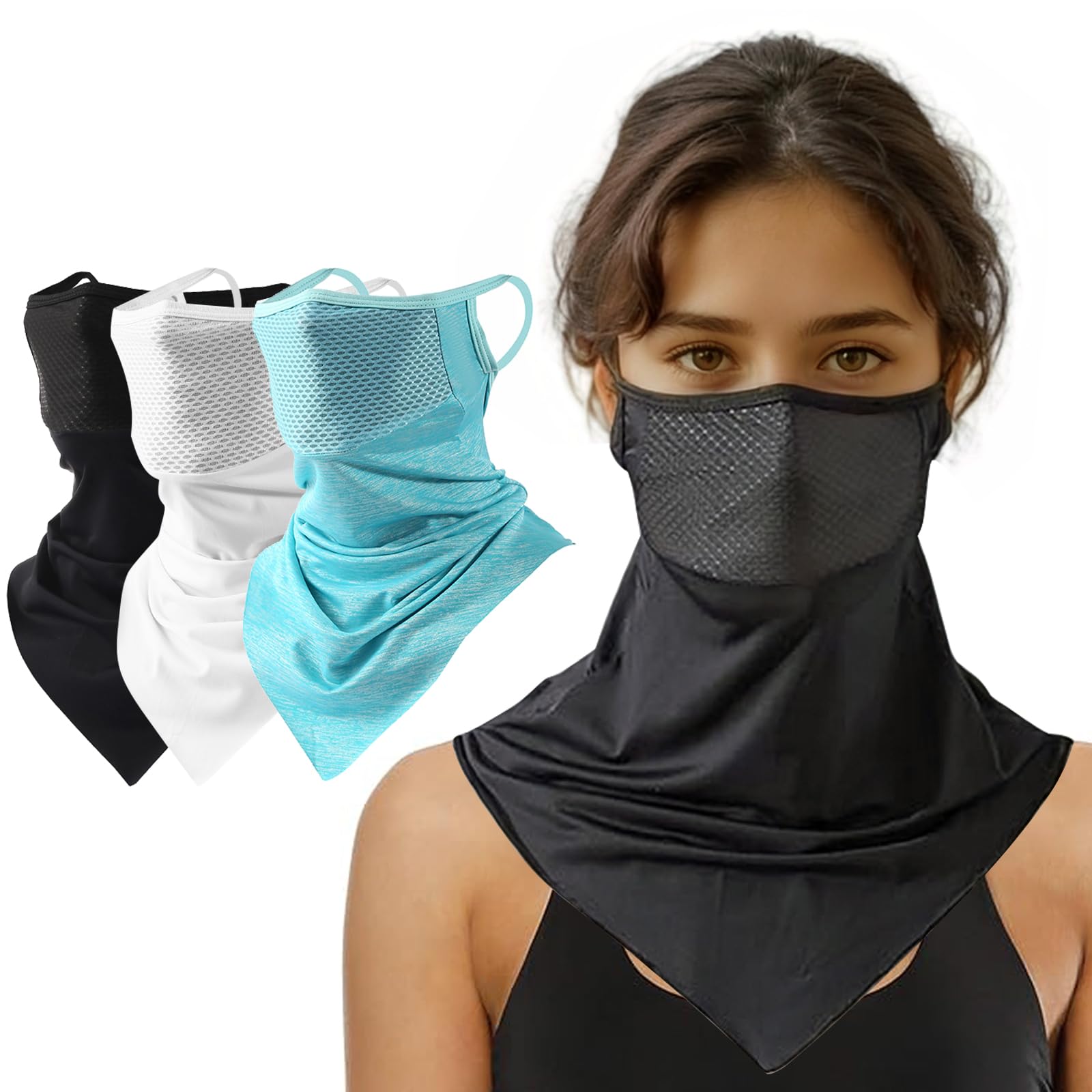 Paquete de 3 máscaras triangulares colgantes para orejas, protección solar de verano, máscara facial de seda de hielo, polaina para el cuello, bandana para exteriores