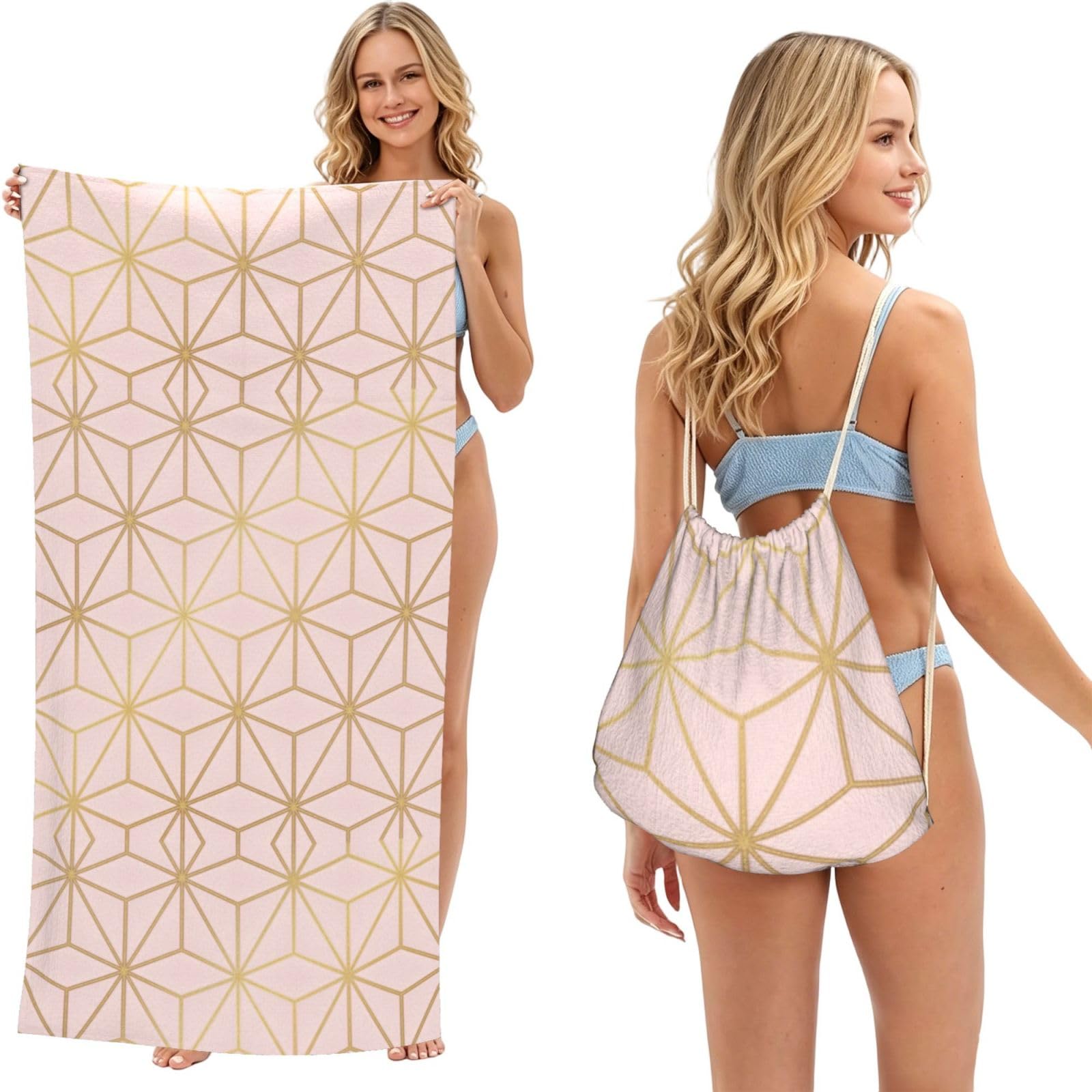 Poadnly As Picture Astral Metallic Blush Pink Gold, 2 In 1 Packable Towel Bag, Beach Towels With Drawstring Backpack For Travel Holiday Camping
