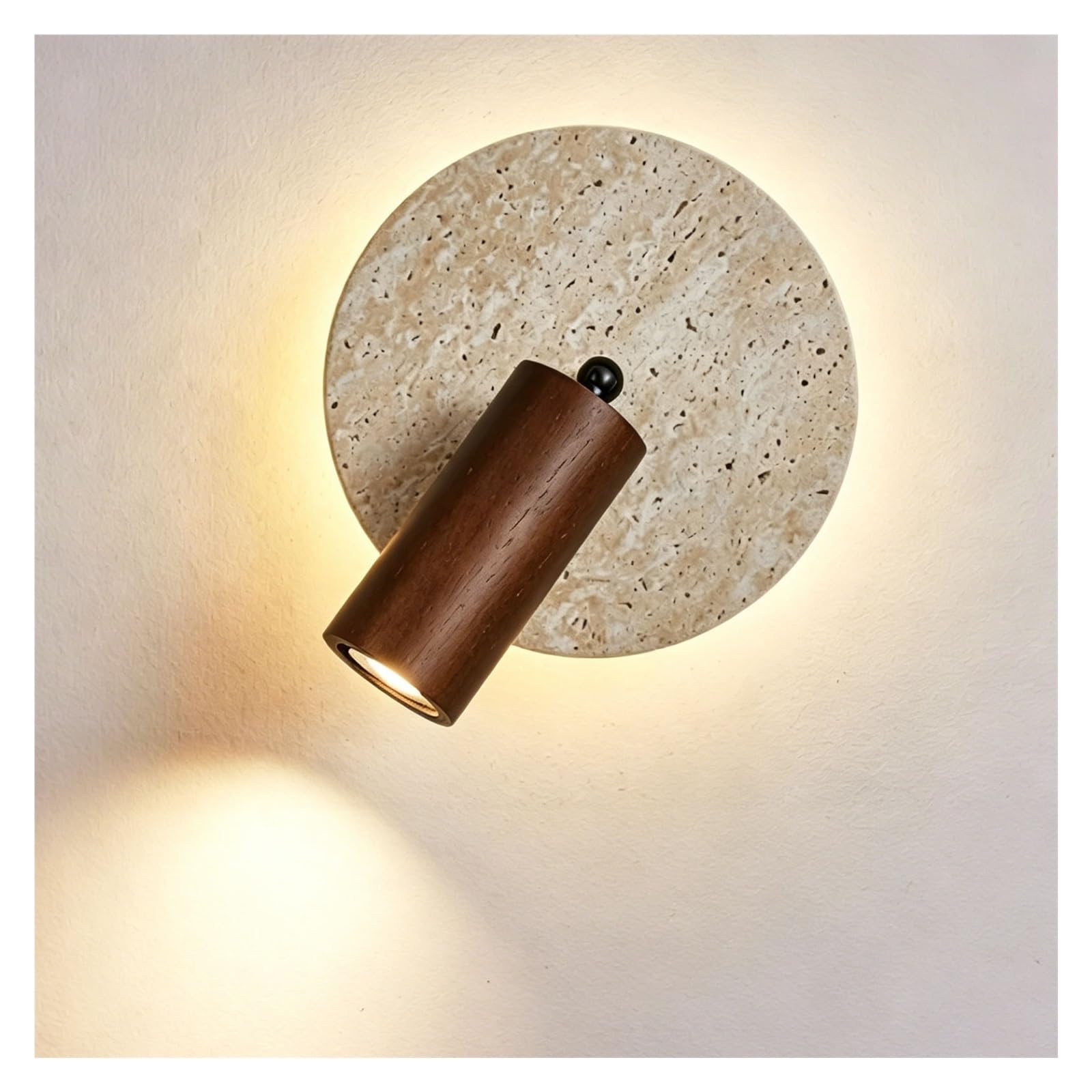 LUOYAOB Yellow Travertine Wall Sconce Adjustable Rotatable Reading Light with Pull Switch Japanese Style Stone Wall Lamp Solid Wood Base Vintage Hardwired Wall Fixture E26/E27(Walnut -B)