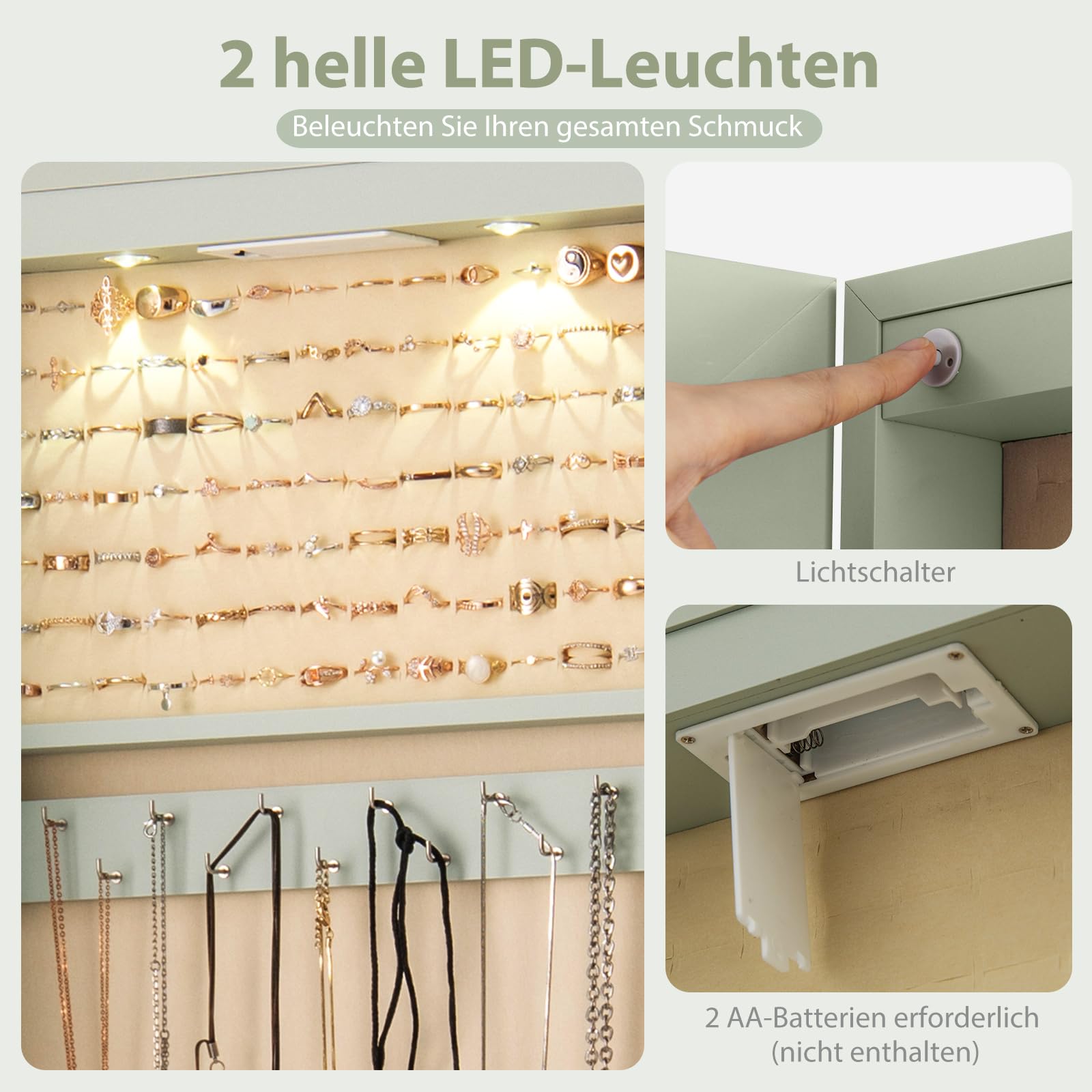 COSTWAY Schmuckschrank mit LED Spiegel, Schmuckregal abschließbar mit Schlüsseln, Wandspiegel Spiegelschrank hängend, Schmuckaufbewahrung 120 x 35,5 x 10 cm (Grün)
