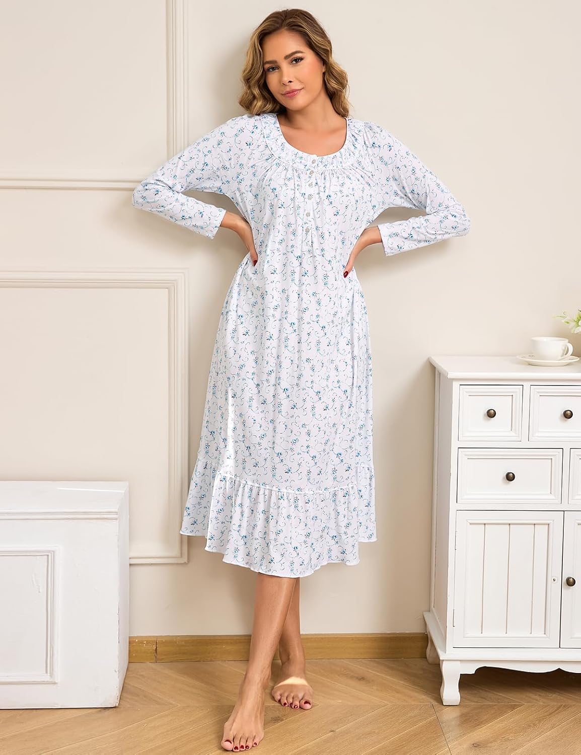 MZROCR Cotton Nightgowns for Women Soft Long Sleeve Night Gowns for Adult Women Comfy Night Shirts Lightweight Sleepwear